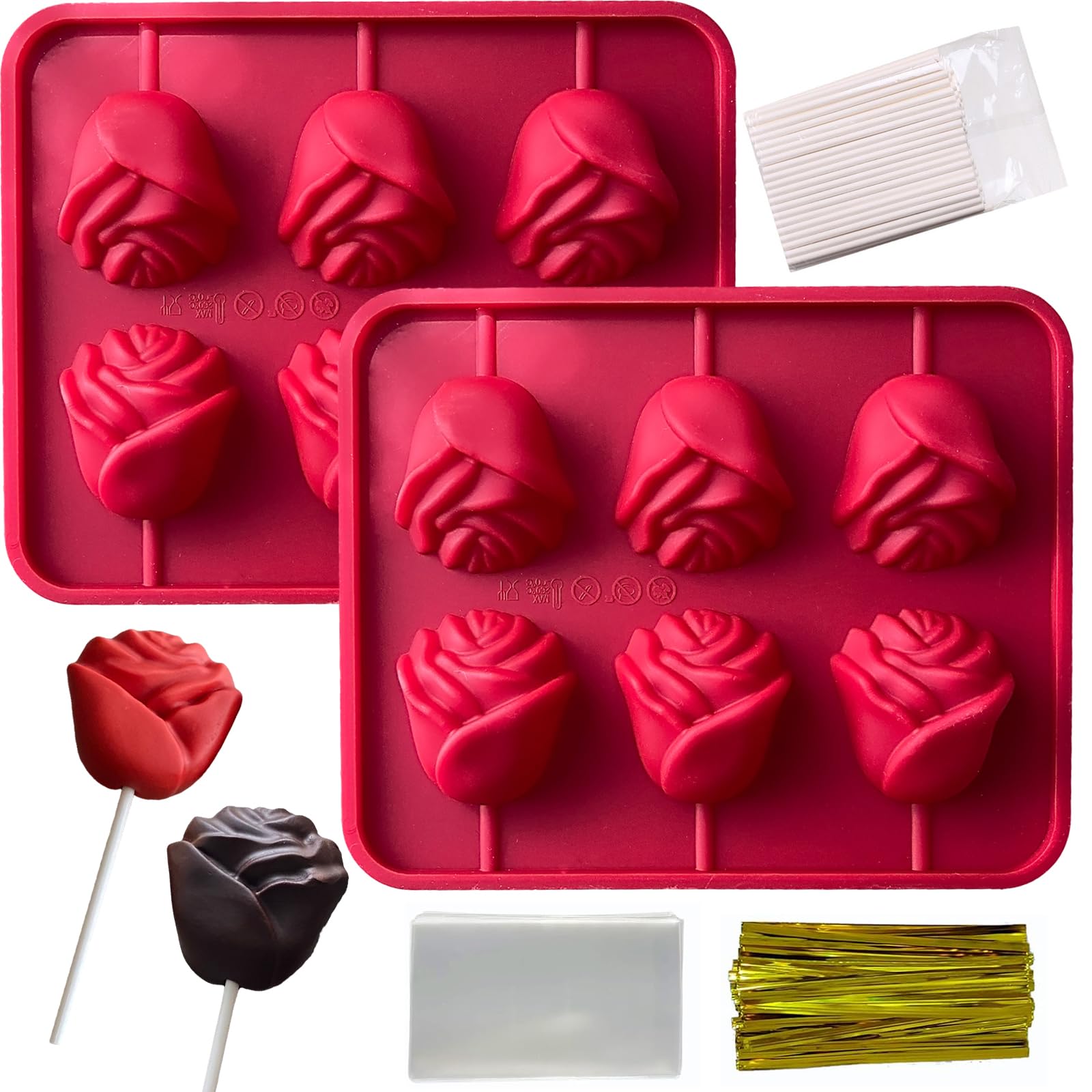 2 Pack Rose Silicone Chocolate Candy Molds with 100 Sticks - 3D Rose Flower Lollipop Molds for Cake Pops, Jelly, Soap & Hard Candy Making - Perfect for DIY Desserts, Party Favors & Gift Packaging