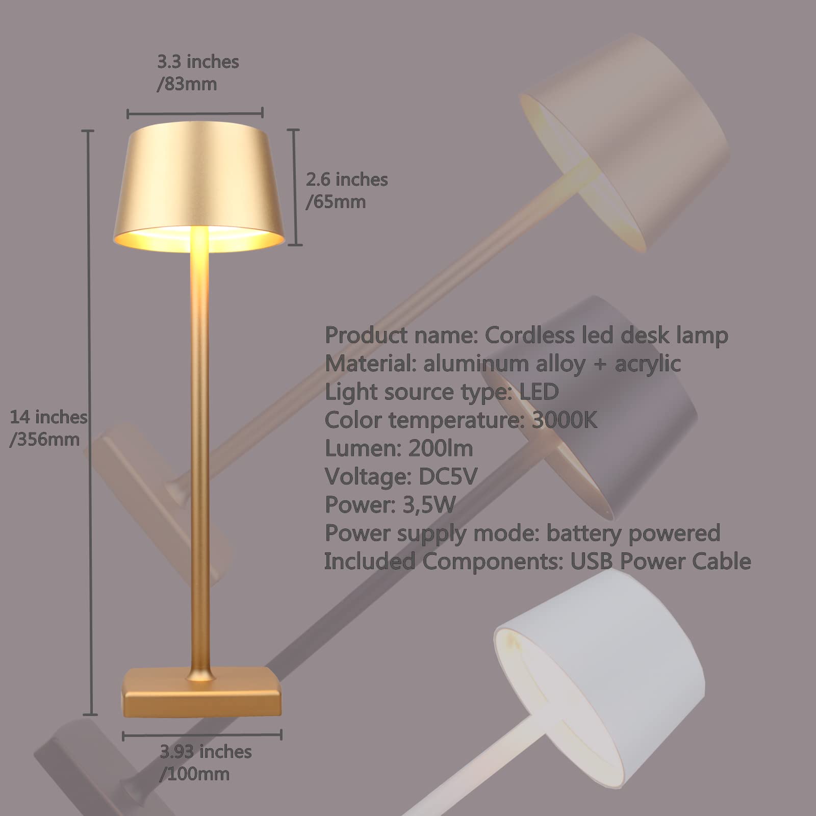 Rechargeable LED Cordless Table Lamp - Dimmable Aluminum Light for Indoor & Outdoor Use - Perfect for Bedroom, Living Room, Patio and Camping