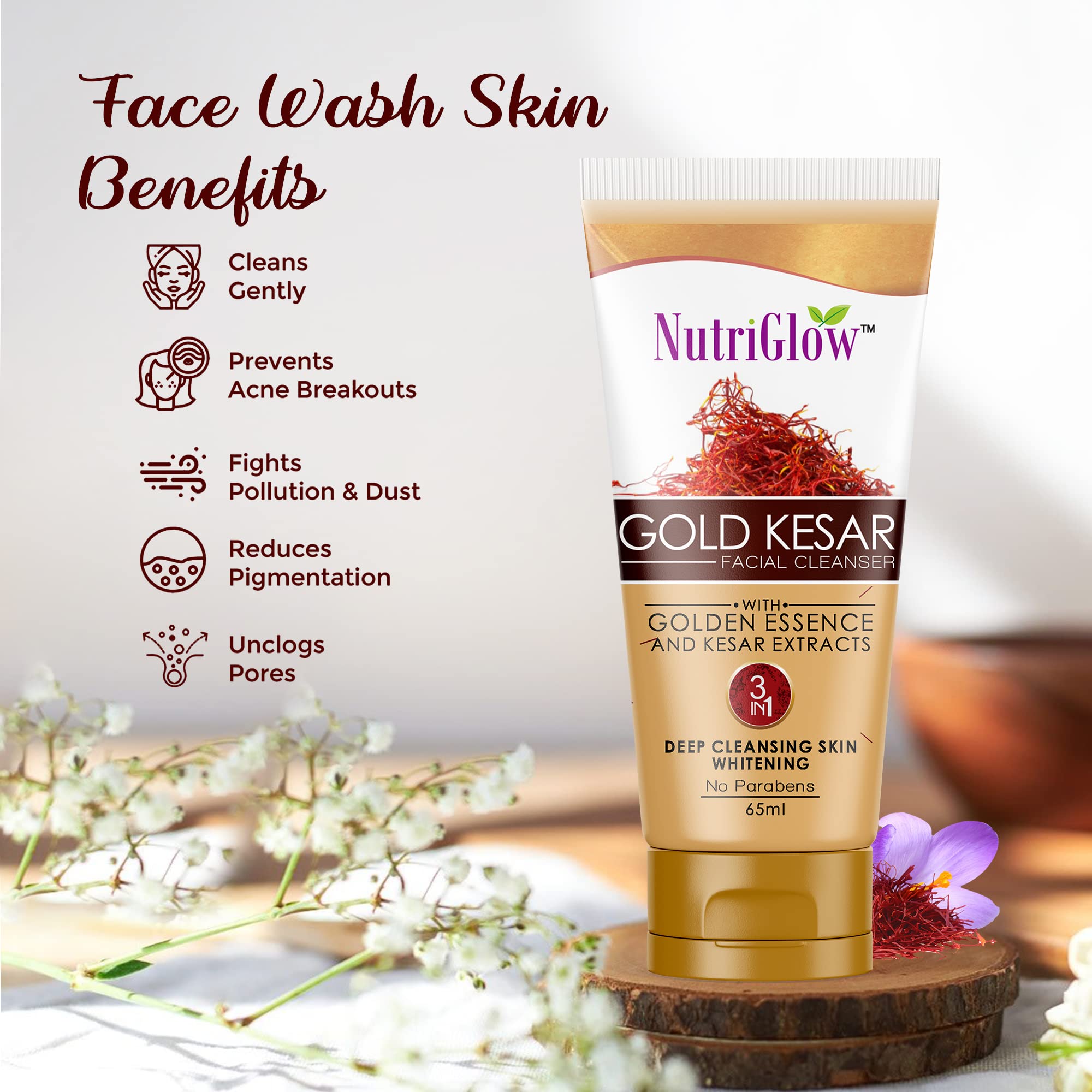 NutriGlow NATURAL'S Advanced Pro Formula Gold Kesar Facial Kit - 60gm Aloe Vera Face Gel, 100gm Gold Kesar Face Wash (65ml) - Tightens Pores, Reduces Wrinkles - 3-Piece Skincare Set for Glowing Skin - Perfect for Daily Cleansing & Anti-Aging Routine