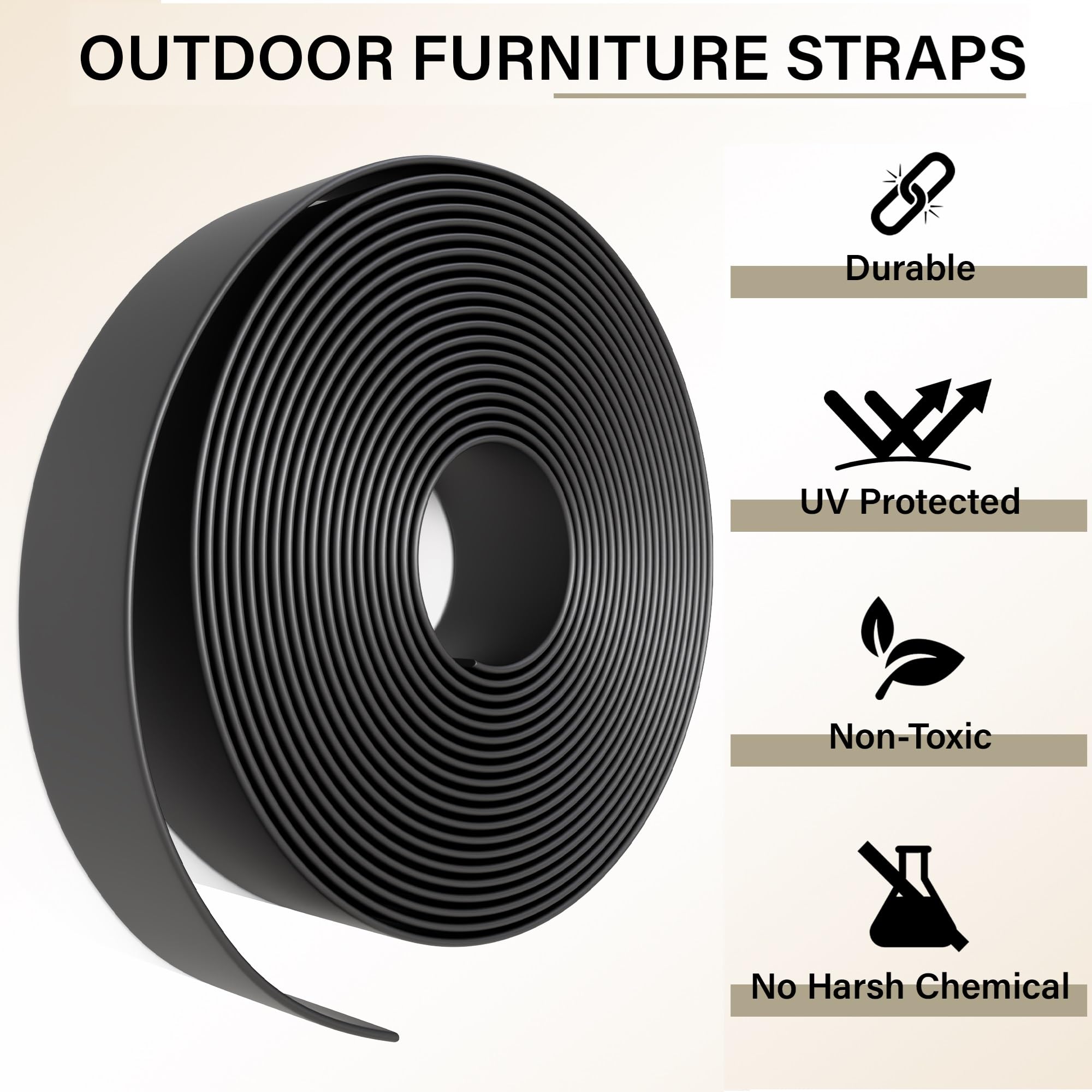 10 ft x 2 Inch Wide Black Vinyl Strapping Replacement Straps - Durable Patio Chair & Outdoor Furniture Repair Straps with Matte Finish - Perfect for Lawn Chairs, Loungers, and Poolside Furniture
