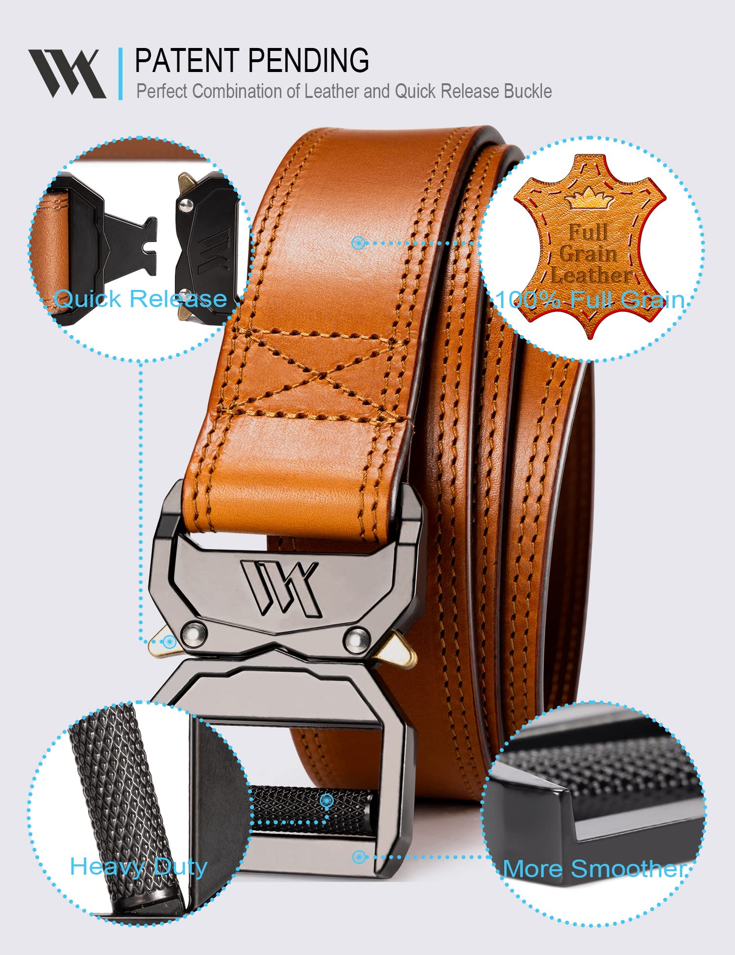 Premium WOLFANT Leather Tactical Belt - 100% Italian Full Grain Leather Military Belt for Men | Heavy Duty Gun Belt with Quick Release Buckle | Ideal for Hiking, Work, Outdoor & Tactical Use