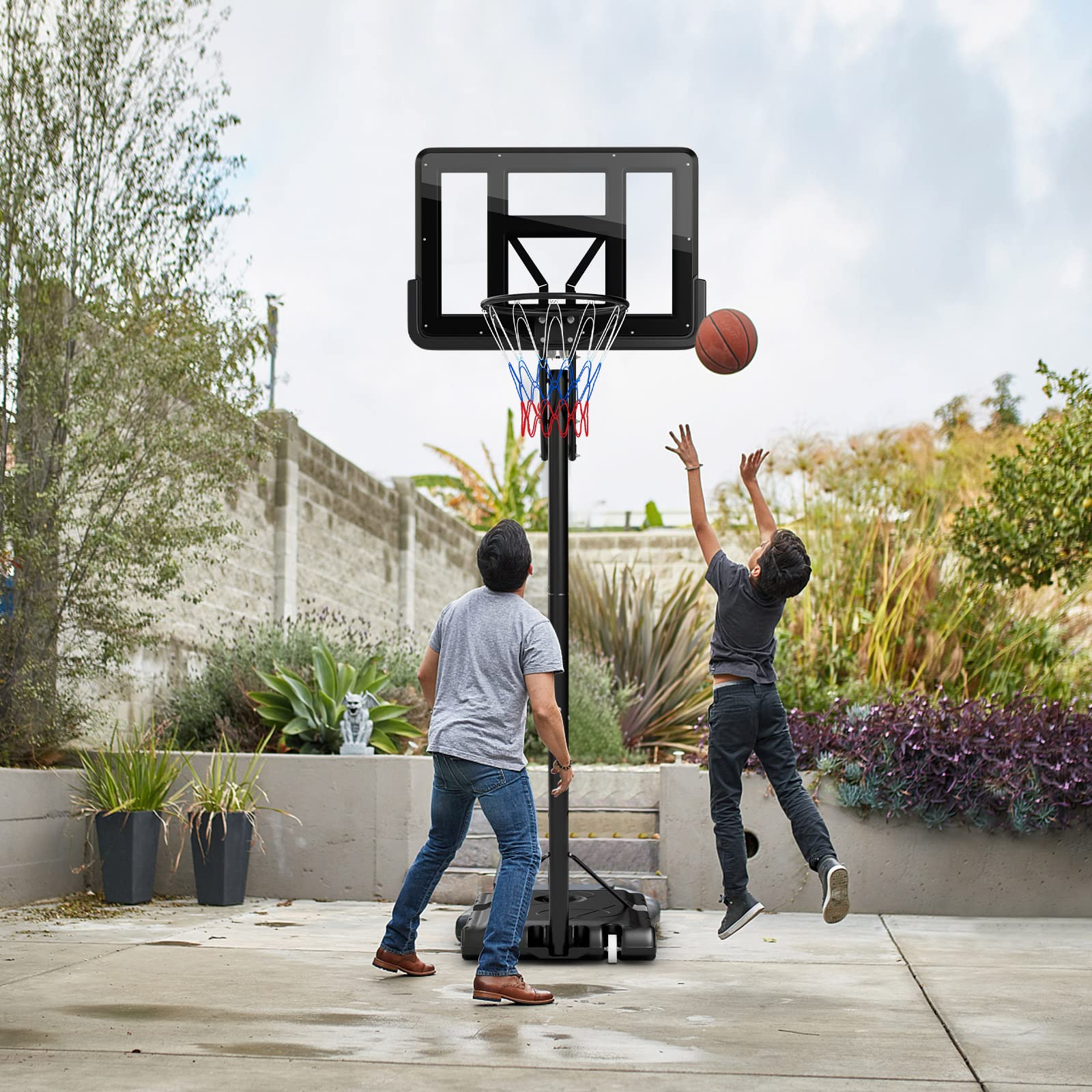 GYMAX 4.6-10Ft Adjustable Basketball Hoop with Shatterproof Backboard - Outdoor Sports for Kids & Adults