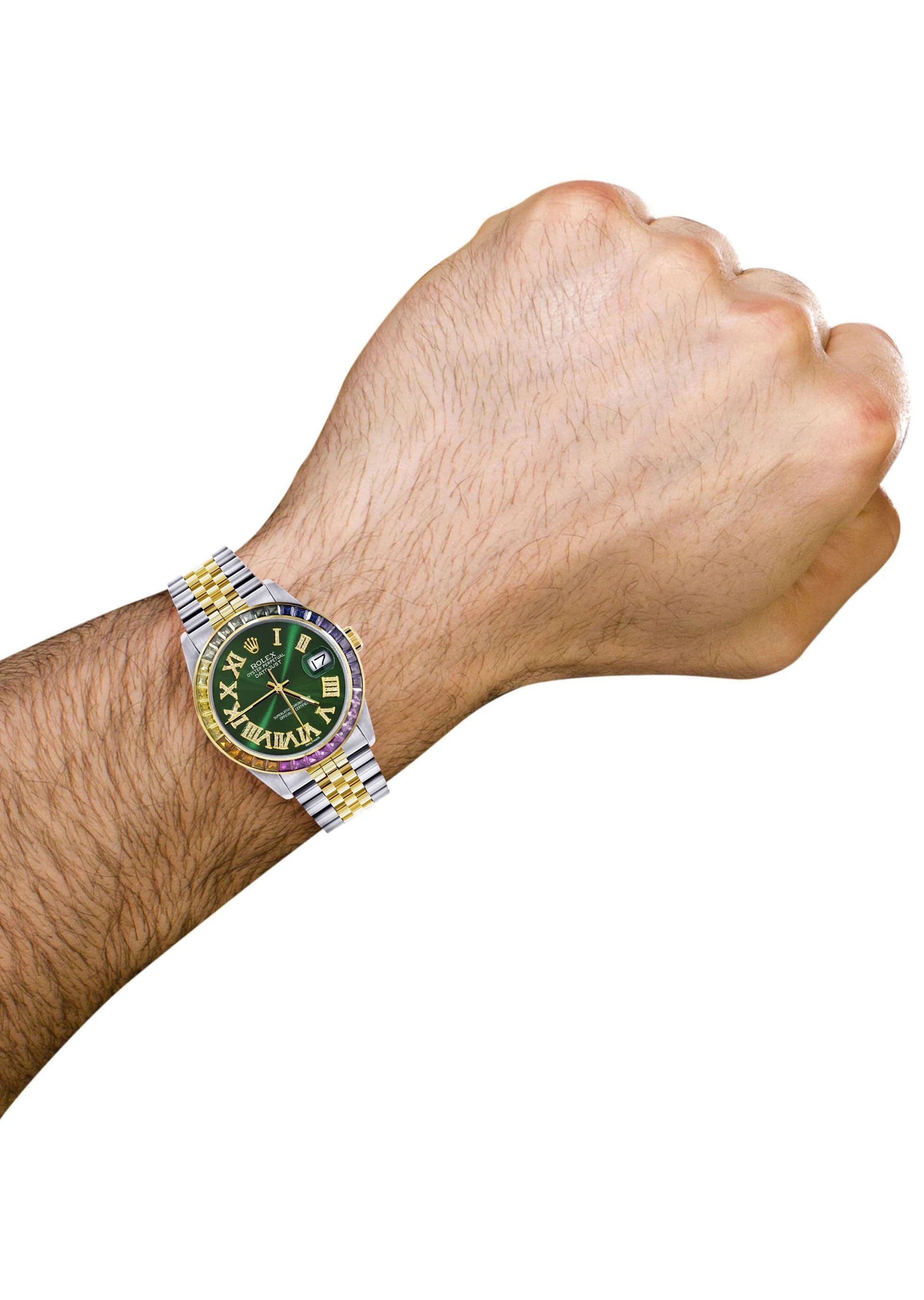 Luxury Diamond Gold Rolex Watch For Men 16233 | 36mm Swiss Automatic | Rainbow Sapphire Bezel | Diamond Green Roman Dial | Jubilee Bracelet | Perfect for Business, Gifts & Special Occasions
