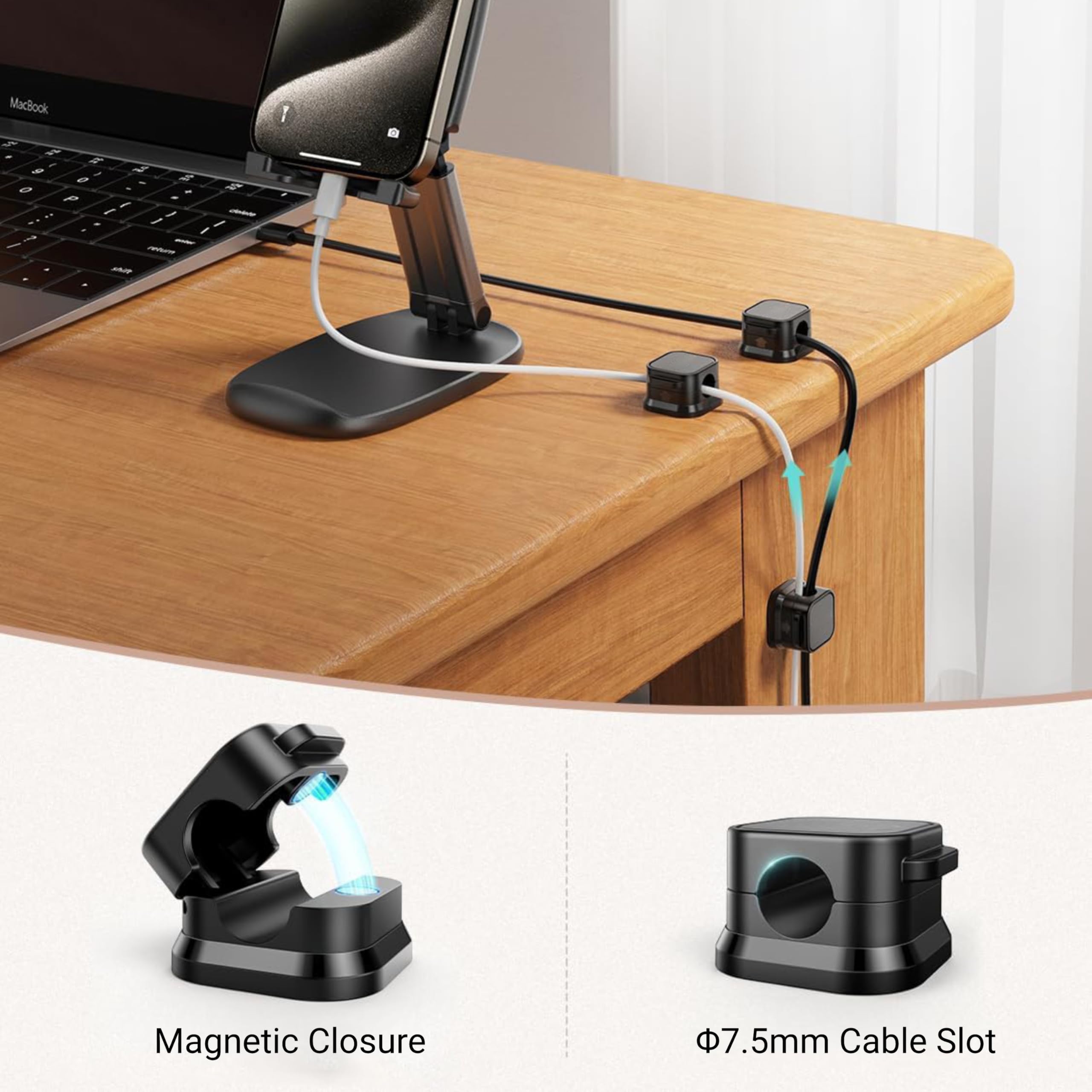 Cliffora 8 Pack Magnetic Cable Clips - Cord Organizer for Desk, Phone & USB Charging Cables - Black Cable Holder for Office, Car, Wall, Desktop & Nightstand - Perfect for Home, Work & Travel Organization