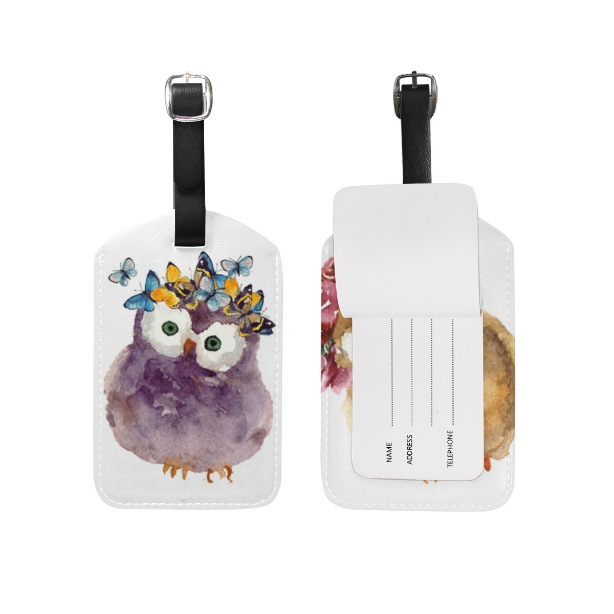 Cute Owl & Flower Watercolor Luggage Tag - PU Leather Suitcase ID Tag for Travel Bags, Backpacks & Carry-Ons - Unique Personalized Baggage Identifier for Vacation & Business Trips