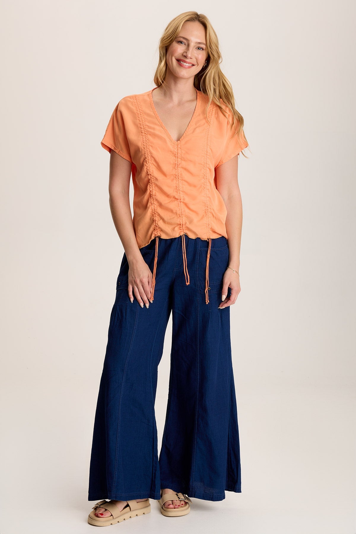 Florentine Mock Denim Wide Leg Pants for Women - High Waisted Stretch Comfort Pants - Casual Lounge, Office, and Travel Outfits