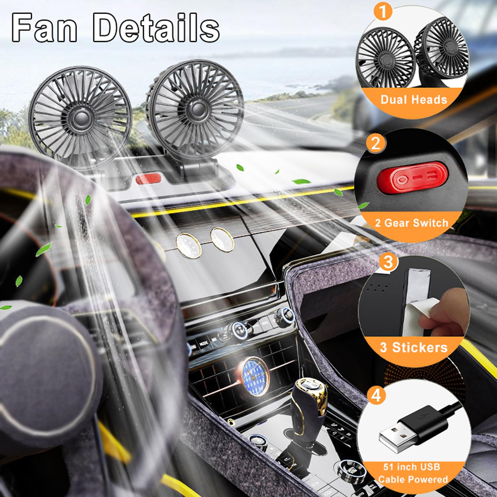 2024 Dual Head USB Car Fan - Portable Brushless Motor Vehicle Cooling Fan with 2 Speeds & 360° Rotation | USB Powered for Car Dashboard, SUV, RV, Truck, Sedan | Perfect for Road Trips, Office & Home Use (Black)