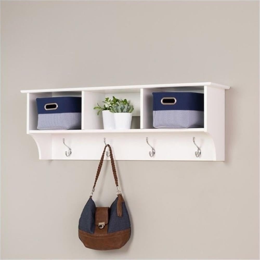 Prepac 48 Inch White Wall Mounted Coat Rack with 3 Shelves & Hooks - Modern Entryway Storage Solution for Hallway, Mudroom or Bedroom - 11.5
