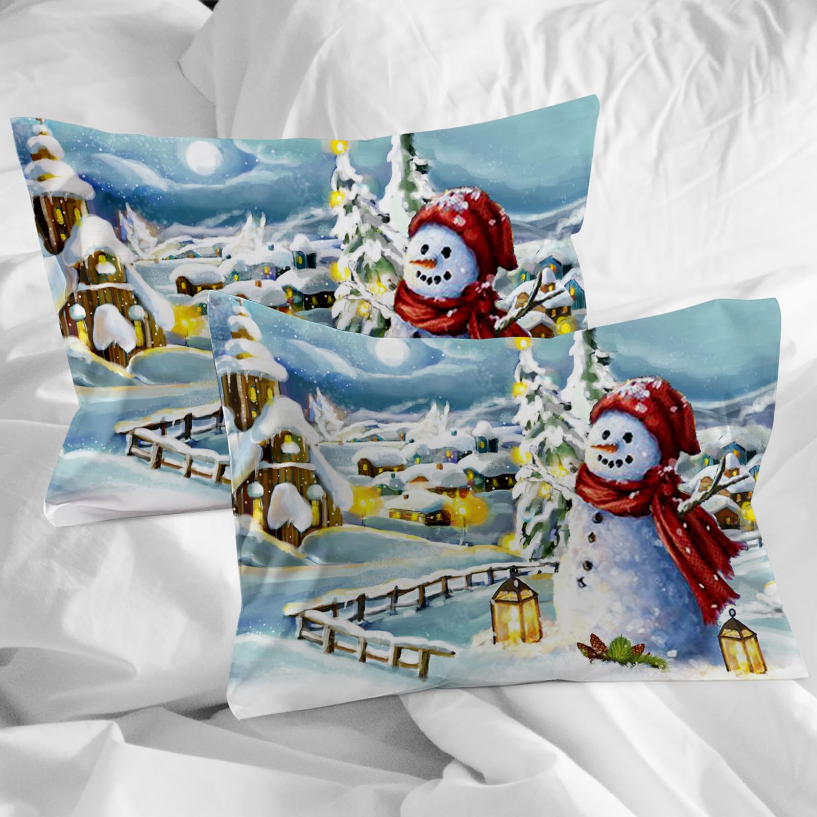 3 Piece Twin Size Christmas Village Snowman Duvet Cover Set with 2 Pillow Shams - Lightweight Soft Comforter Cover - Snowman in Snowland Design - Perfect for Holiday Bedroom Decor & Winter Themed Guest Room