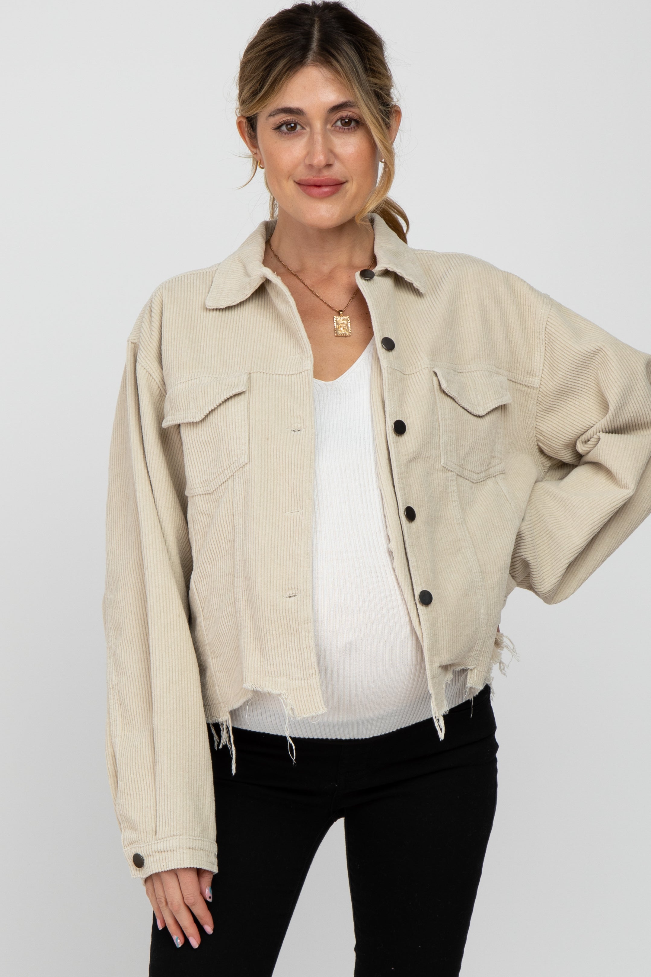 Beige Corduroy Distressed Hem Cropped Maternity Jacket - Stylish Pregnancy Outerwear for Casual Outings & Fall Fashion
