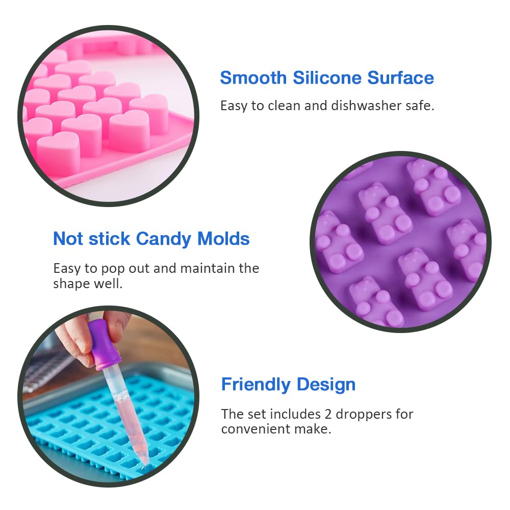 Premium Silicone Gummy Molds Set of 4 - Dinosaur, Bear, Donut & Heart Candy Molds with 2 Droppers for Easy Filling - Perfect for Homemade Chocolates, Gummy Bears, Candies & Party Treats - BPA-Free Baking Supplies for Kids & Adults
