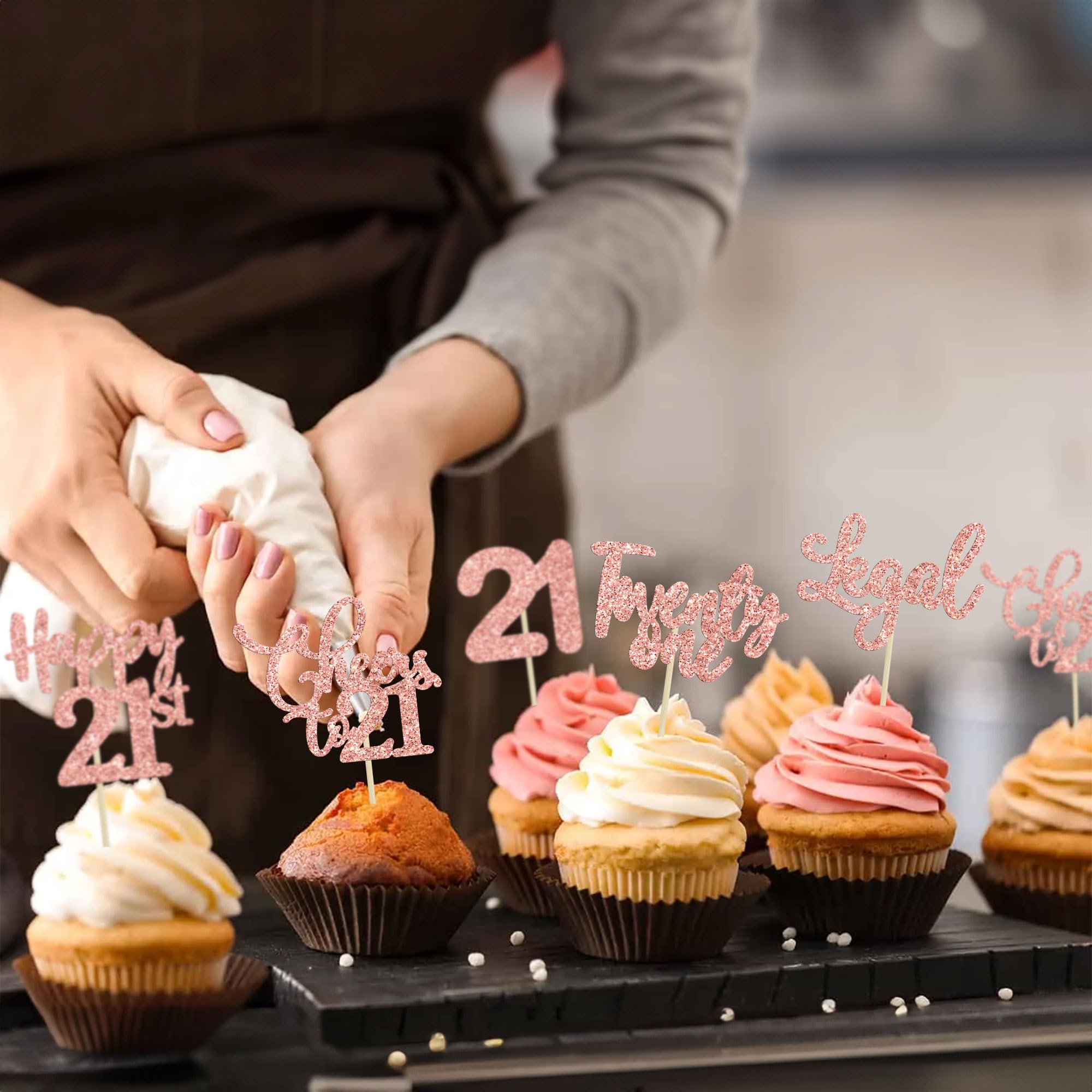 30 Pack Rose Gold Glitter 21st Birthday Cupcake Toppers - Happy Twenty-One Cheers to 21 Years Old Cake Decorations for Anniversary Party, Wedding, Baby Shower & Celebration Events