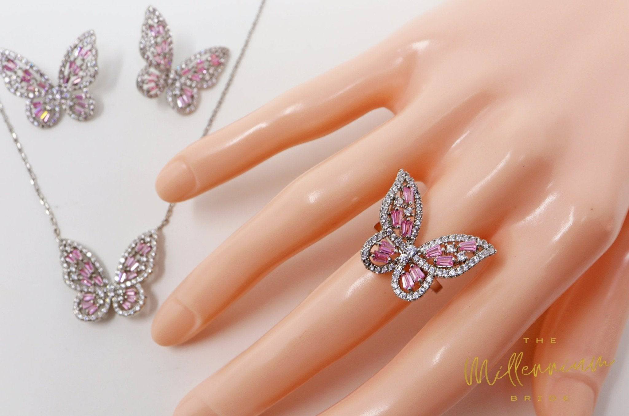 CZ Pink Butterfly Necklace, Earrings & Ring Set - Swarovski Crystal Jewelry, Rhinestone Hoop Earrings for Women | Elegant Gift for Birthday, Anniversary & Special Occasions