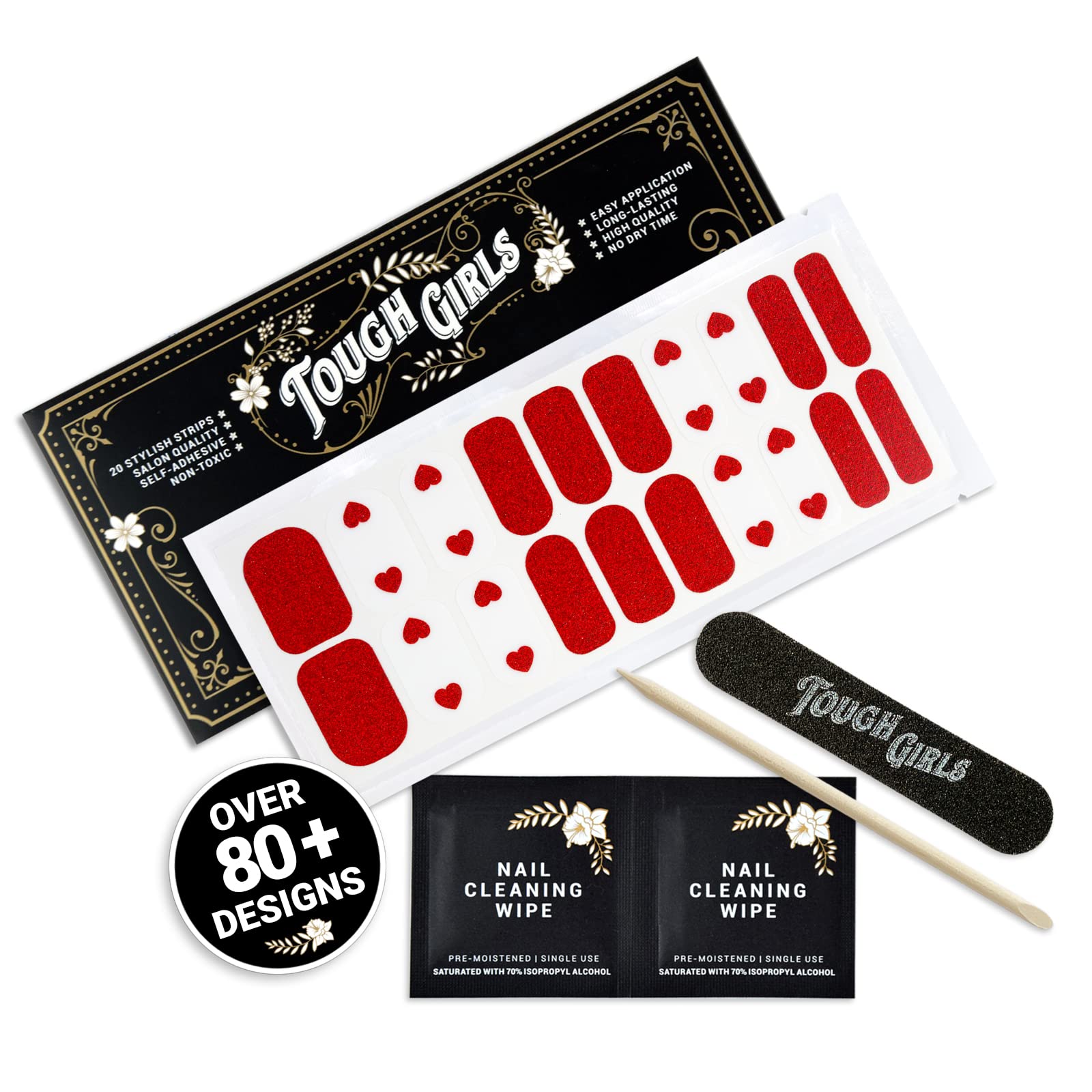 TOUGH GIRLS | 20 Exquisite Gel Nail Polish Strips with Application Accessories - No UV/LED Lamp Needed (Hearts & Red Glitter) - Perfect for DIY Manicures at Home, Parties, and Special Occasions