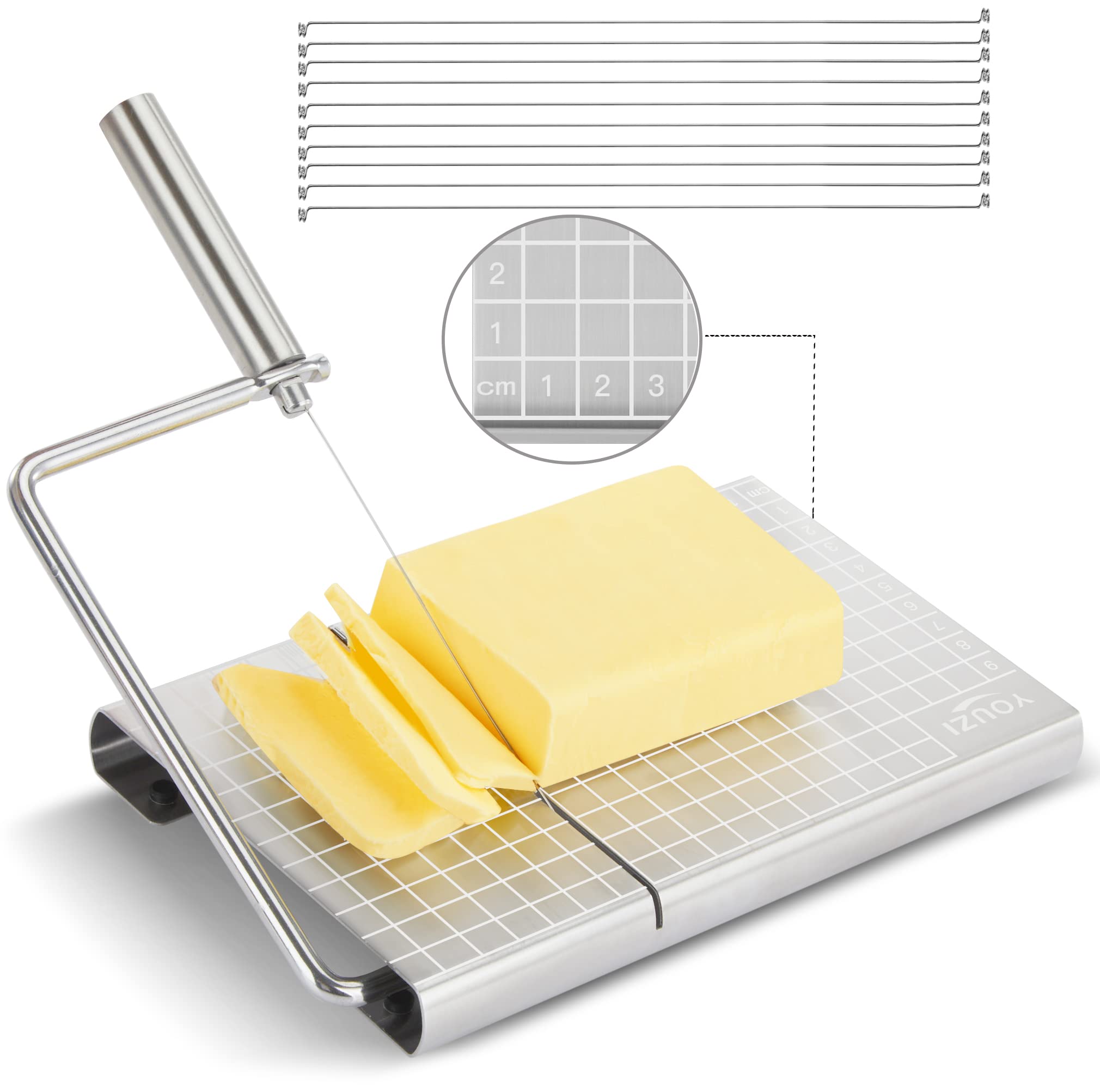 Premium Stainless Steel Cheese Slicer with 10 Replacement Wires - Heavy Duty Cheese Cutter for Block Cheese, Butter & More | Perfect Kitchen Gadget for Cheese Boards, Charcuterie & Entertaining | Great Gift for Food Lovers