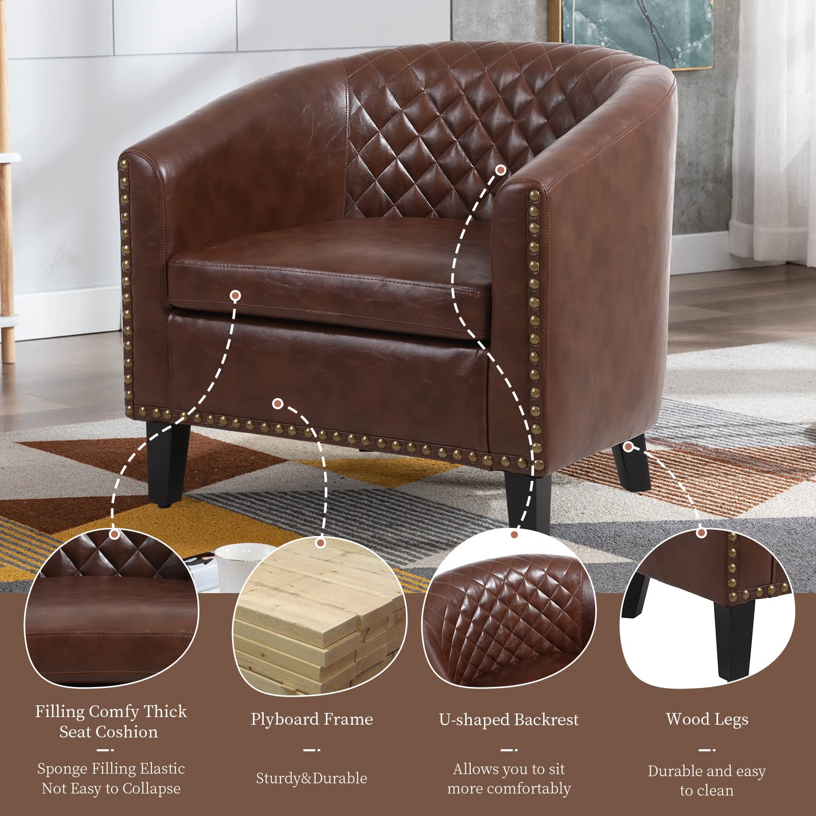 LETESA Barrel Accent Chair - Faux Leather Upholstered Club Chair with Nailhead Trim & Rubber Wood Legs, Diamond Tufted Bucket Seat for Living Room, Bedroom, Office - Brown Home Decor Furniture for Relaxing & Stylish Seating