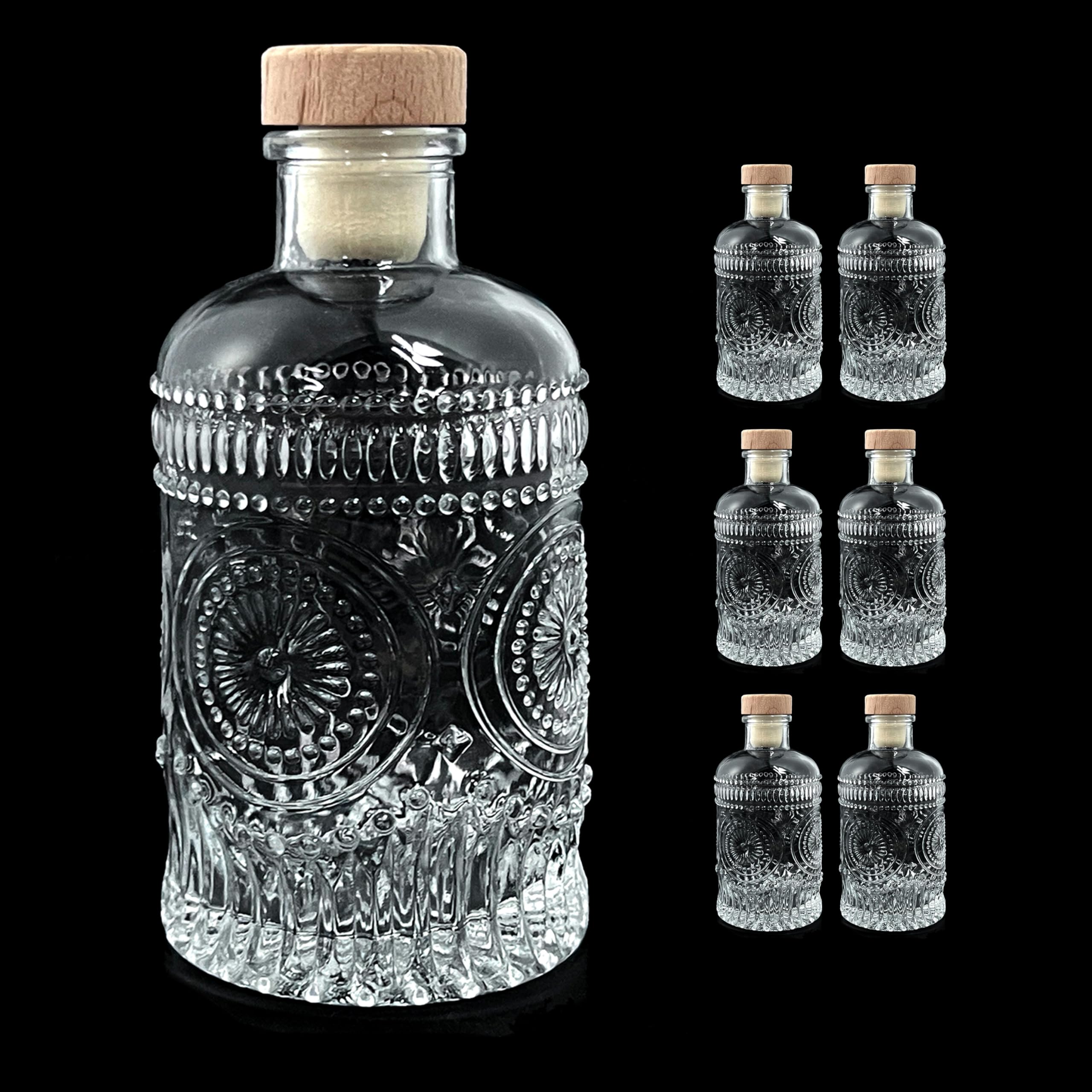 6 oz Clear Glass Bottles with T-Top Cap [Pack of 6] - 200ml Heavy Base Bottles for Wine, Beverages, Oil, Vinegar, Kombucha, Beer, Water & Soda - Airtight Cork Stopper & Sunflower Design - Perfect for Home Brewing, DIY Drinks, Gift Packaging & Kitchen Storage
