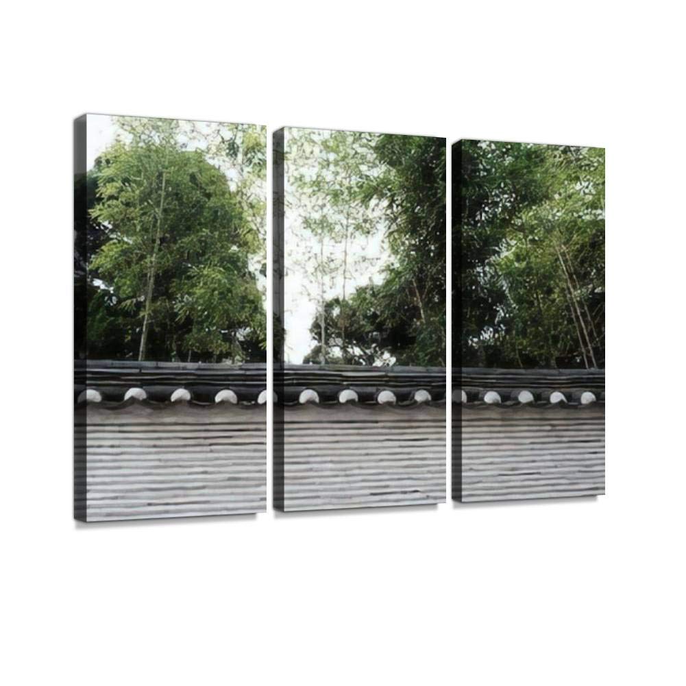 Traditional Gray Stone Wall with Bamboo Trees Seoul Korea - Canvas Wall Art for Modern Office & Home Decor - 3 Panel Painting for Living Room & Bedroom - Perfect for Asian-Inspired Interior Design & Zen Spaces