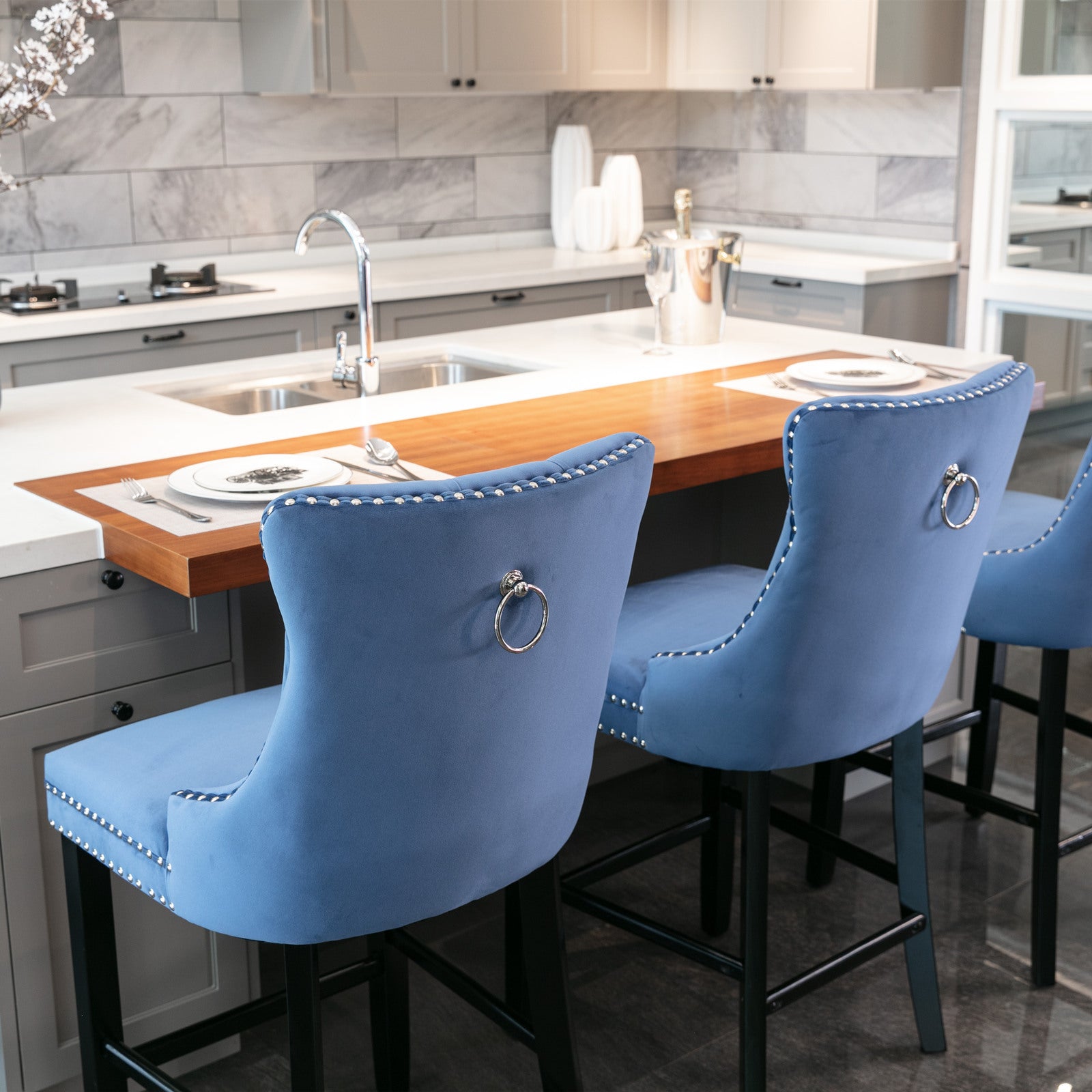 Modern Velvet Upholstered Bar Stools with Button Tufted Back & Wooden Legs - Chrome Nailhead Trim Accent - Set of 2 Blue Bar Chairs (SW2002BL) for Kitchen Island, Breakfast Nook & Home Bar Decor