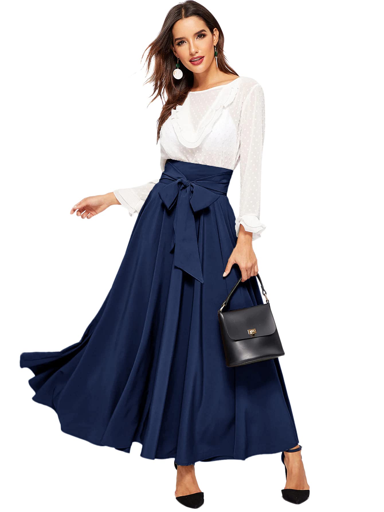 SweatyRocks Women's Elegant High Waist Tie Front Pleated Maxi Skirt - Flowy Summer Midi Dress for Beach, Party & Casual Wear