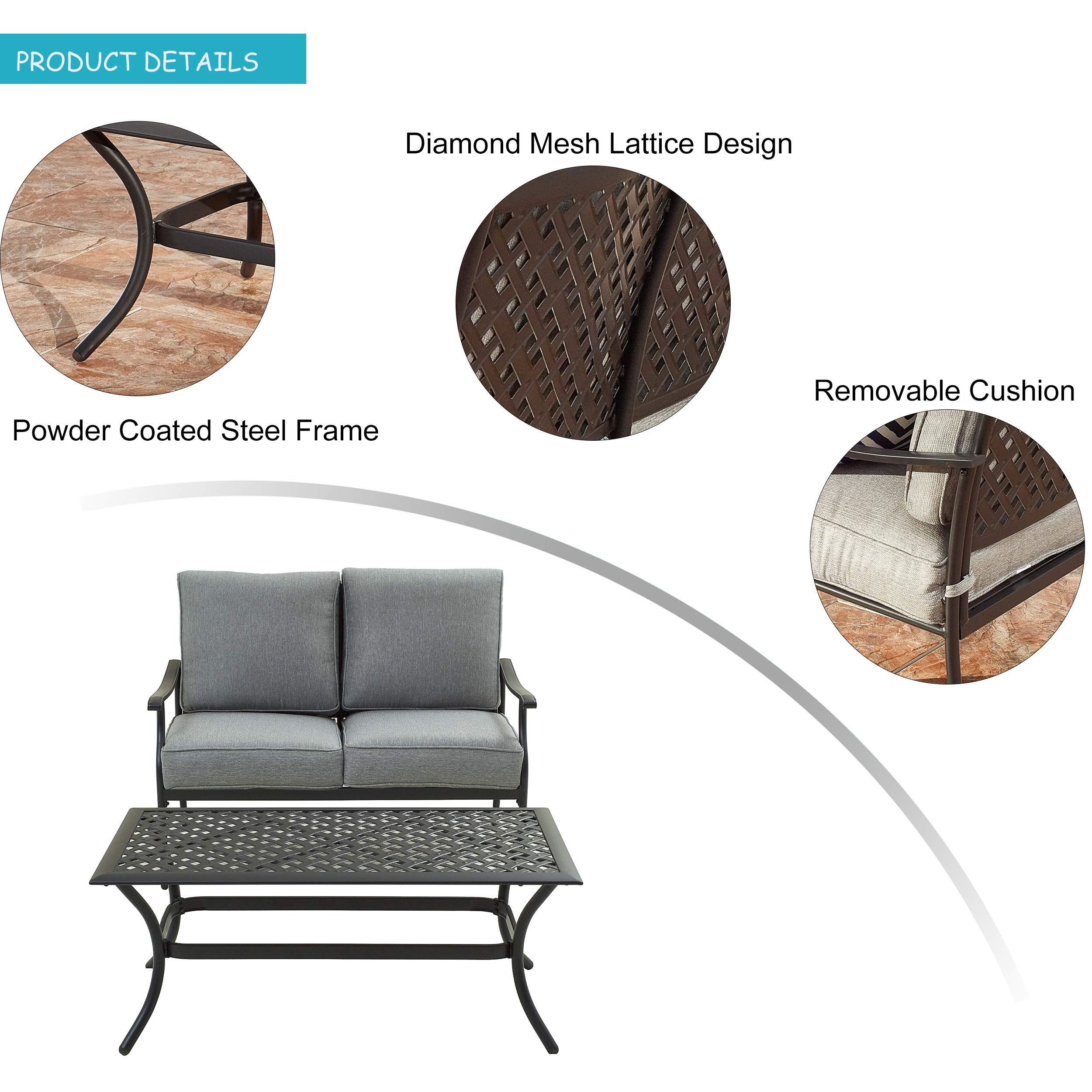 LOKATSE HOME 2-Piece Outdoor Loveseat Set - Patio Conversation Furniture with Cushions & Coffee Table - Metal Bistro Chair Bench for Garden, Backyard, Deck - Weather-Resistant Gray Set for Relaxing & Entertaining