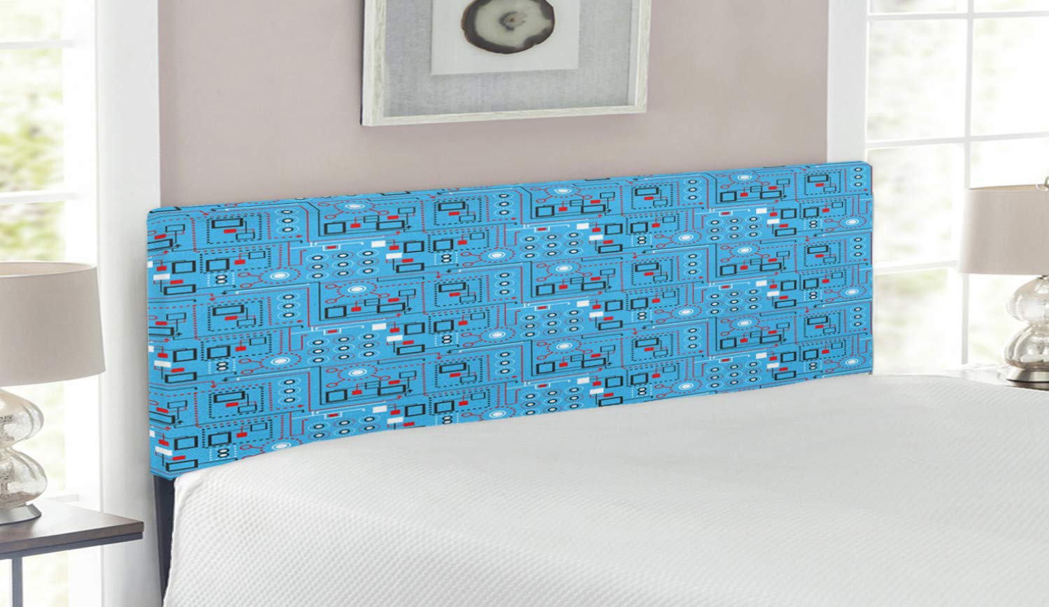 Ambesonne Modern Upholstered Headboard - Geometric Line & Dot Circle Design, Industrial Print, Memory Foam Padding, Queen Size Bed Frame in Turquoise Red & White - Perfect for Contemporary Bedroom Decor
