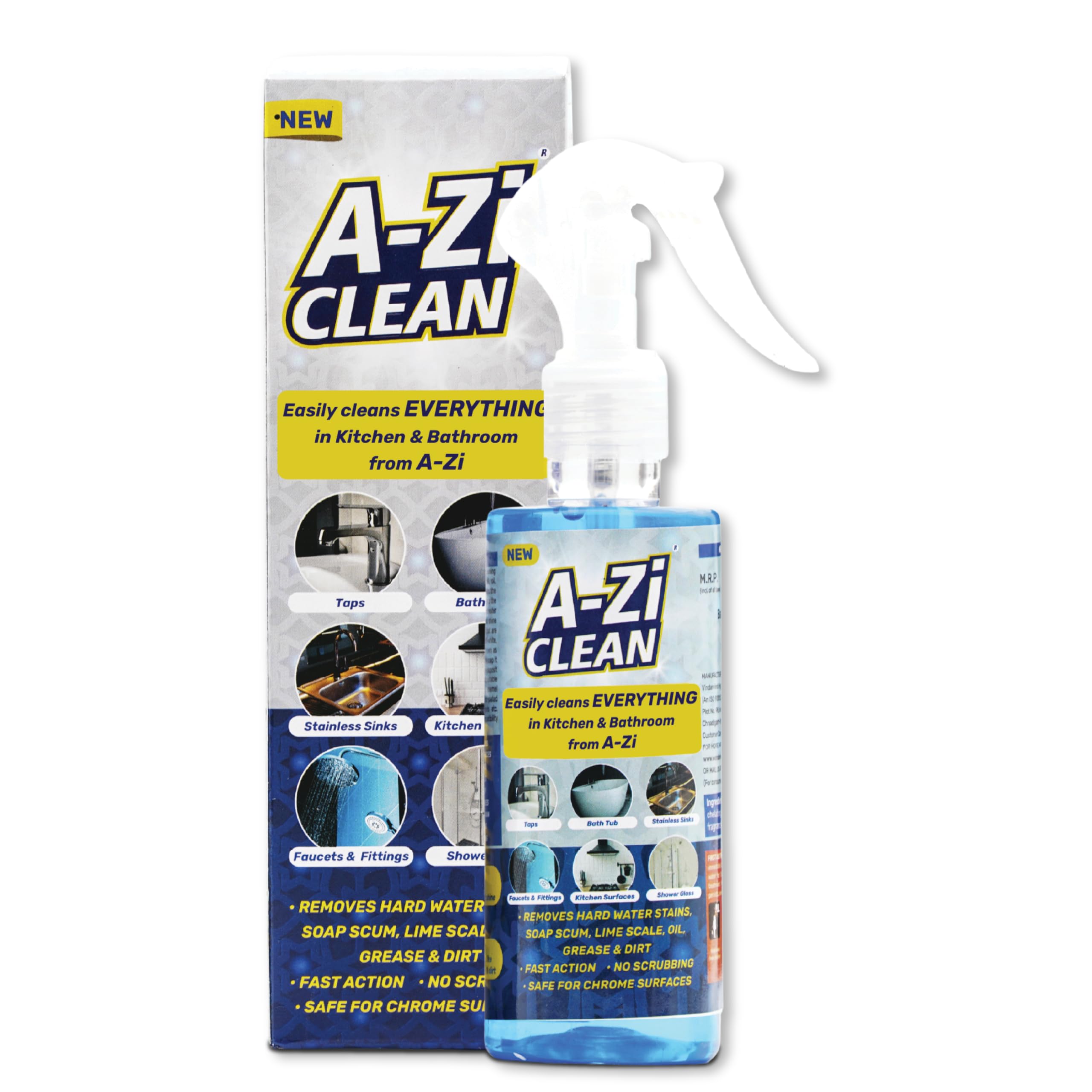 A-Zi Clean Tap Cleaner Spray 200ml - All-Purpose Bathroom & Kitchen Cleaner for Taps, Bathtubs, Sinks, Showers | Effectively Removes Hard Water Stains, Limescale, Grease & Dirt | Perfect for Daily Cleaning & Stain Removal in Homes & Offices