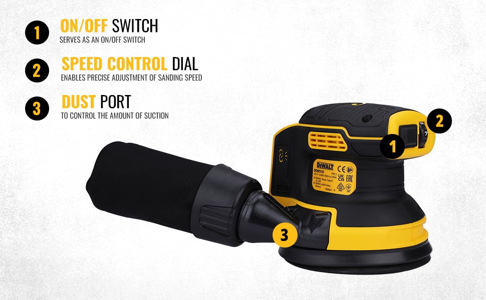 DEWALT DCW210N-XJ 18V XR Brushless Cordless Random Orbital Sander - Powerful Sanding Tool for Woodworking, DIY Projects & Home Renovation