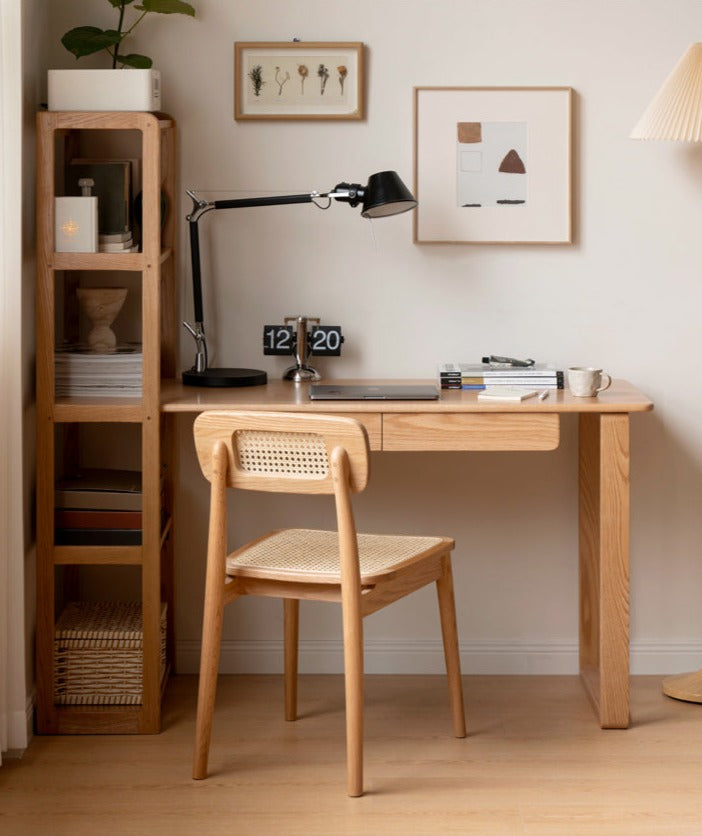 Solid Oak Wood Office Desk with Single Leg & Built-in Bookshelf - Modern Home Office Furniture for Work and Study