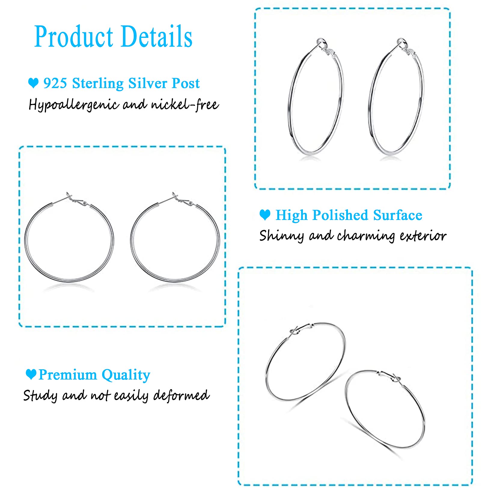4 Pairs Sterling Silver Hoop Earrings for Women - 925 Hypoallergenic Large Minimalist Hoops (30MM 40MM 50MM 60MM) - Perfect for Everyday Wear, Parties & Gifts