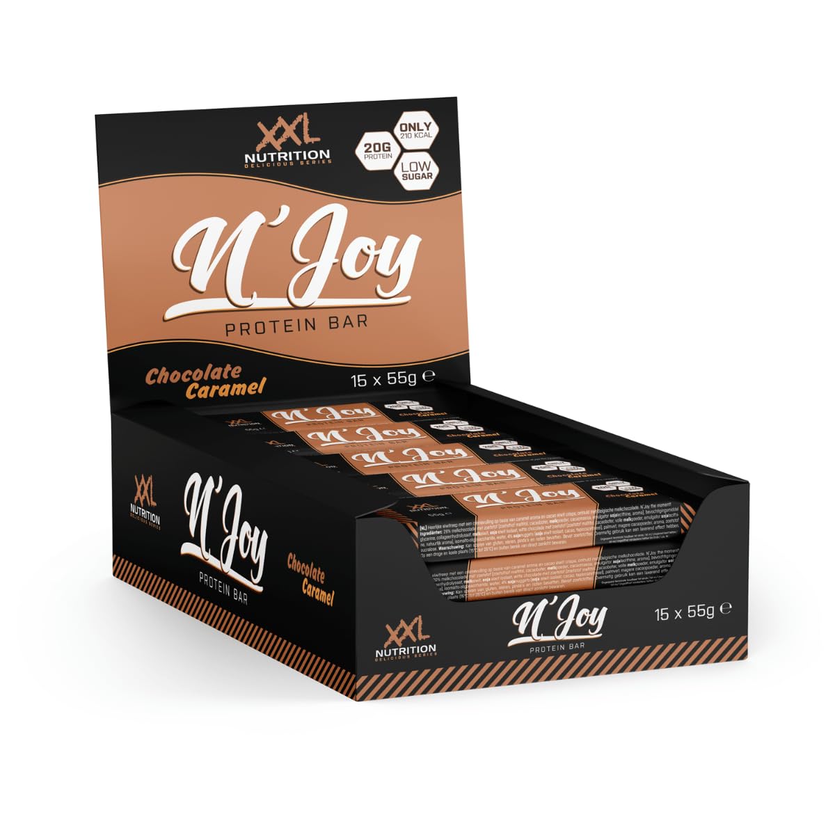 XXL Nutrition - N'Joy Protein Bar | High Protein, Low Sugar, Chocolate Caramel Flavor | 15 Pack | Perfect for Post-Workout Recovery & Healthy Snacking