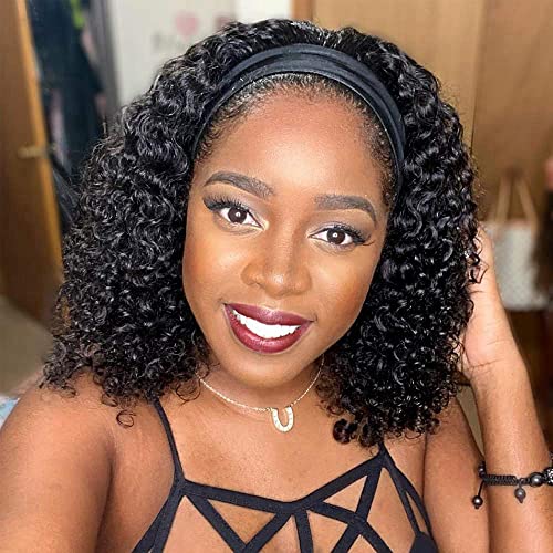 100% Brazilian Virgin Human Hair Wigs - Deep Curly Wave Headband Wig | Unprocessed Kinky Curly Machine Made Glueless Non-Lace Front | Natural Color 16 Inch for Black Women | Perfect for Daily Wear, Parties & Protective Styling