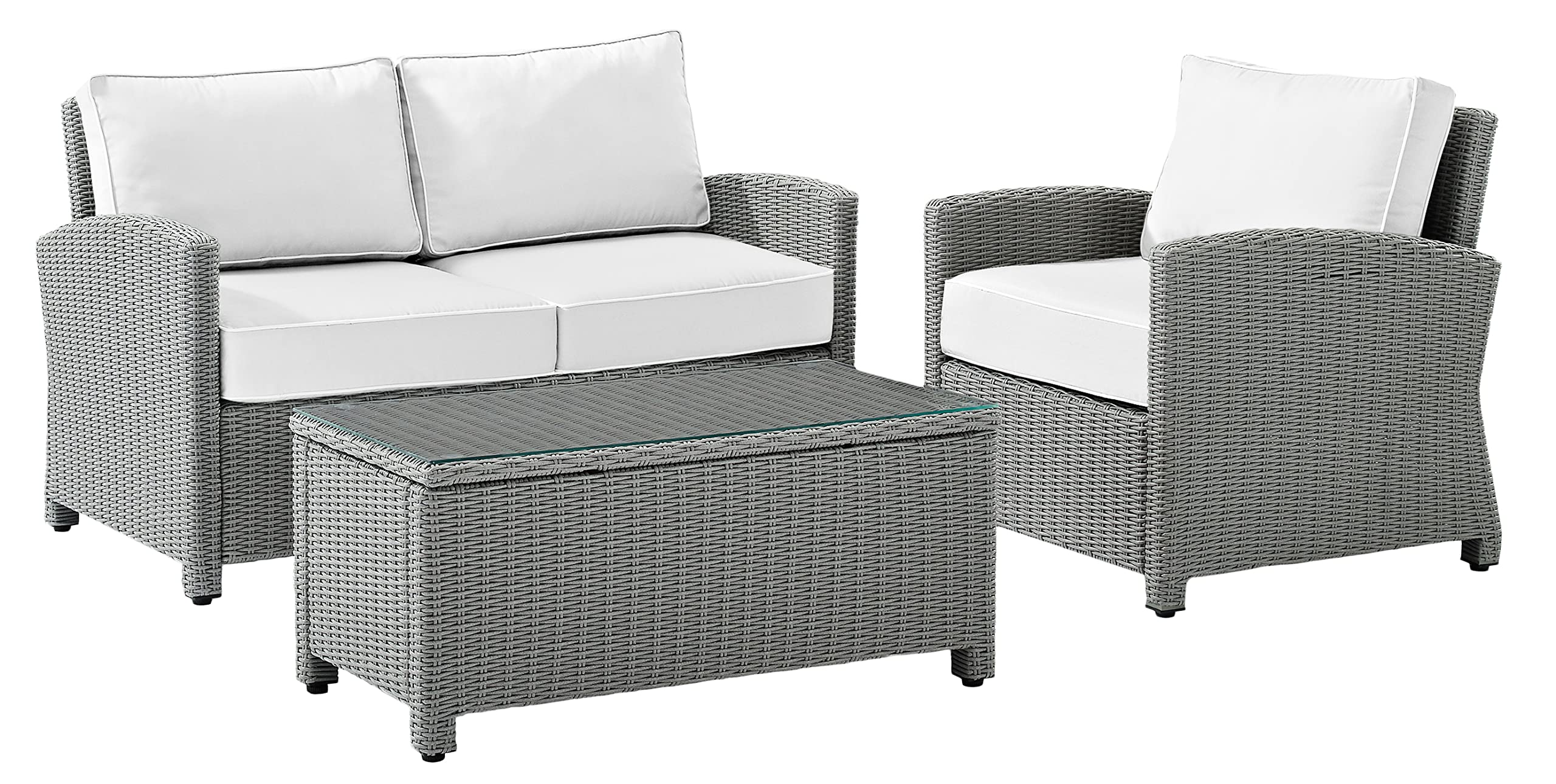 Crosley Bradenton Outdoor Wicker 3-Piece Patio Set - Gray Loveseat, Armchair & Coffee Table with White Sunbrella Cushions - Perfect for Garden, Poolside & Backyard Relaxation