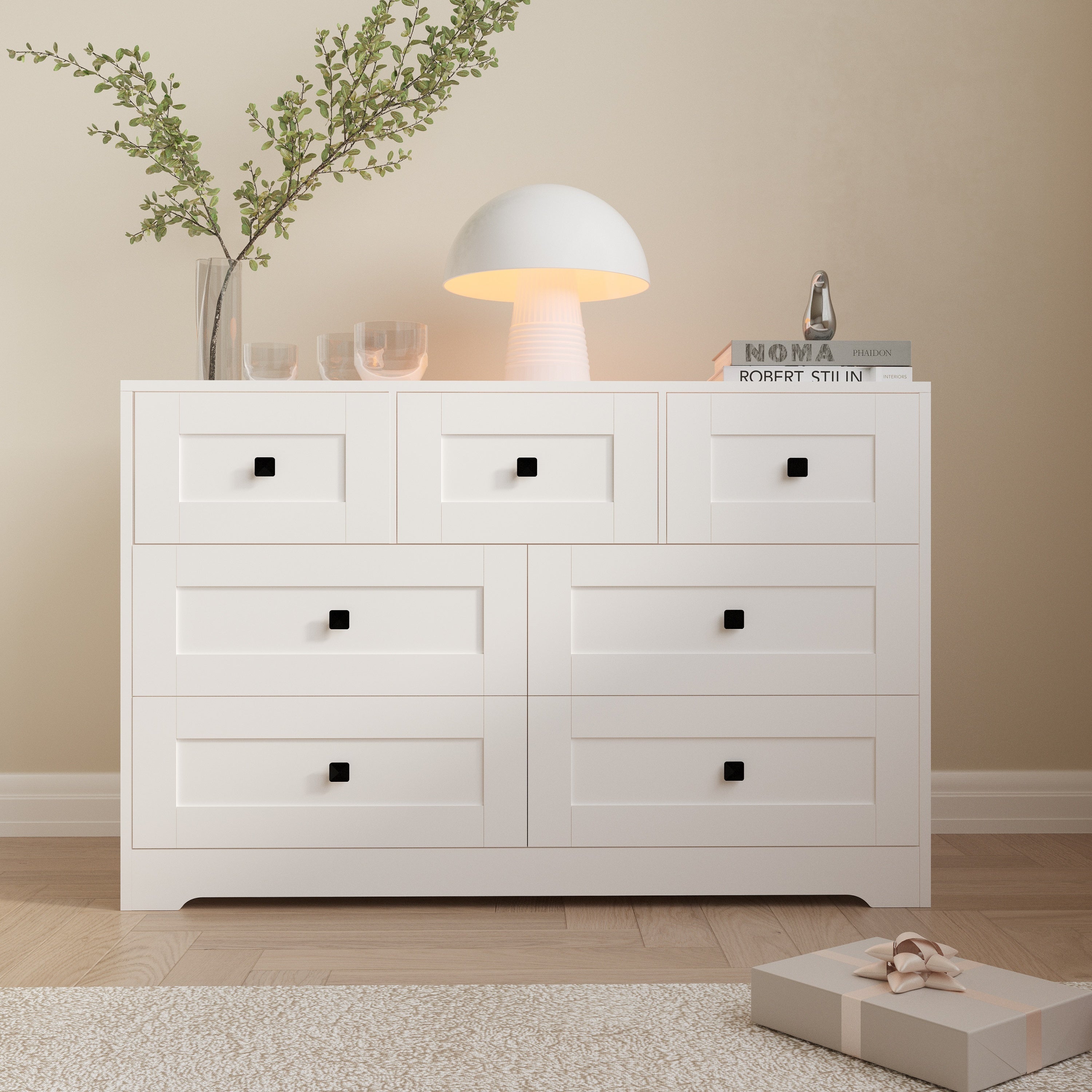 7-Drawer White Farmhouse Chest of Drawers - Rustic Storage Organizer for Bedroom, Living Room & Office
