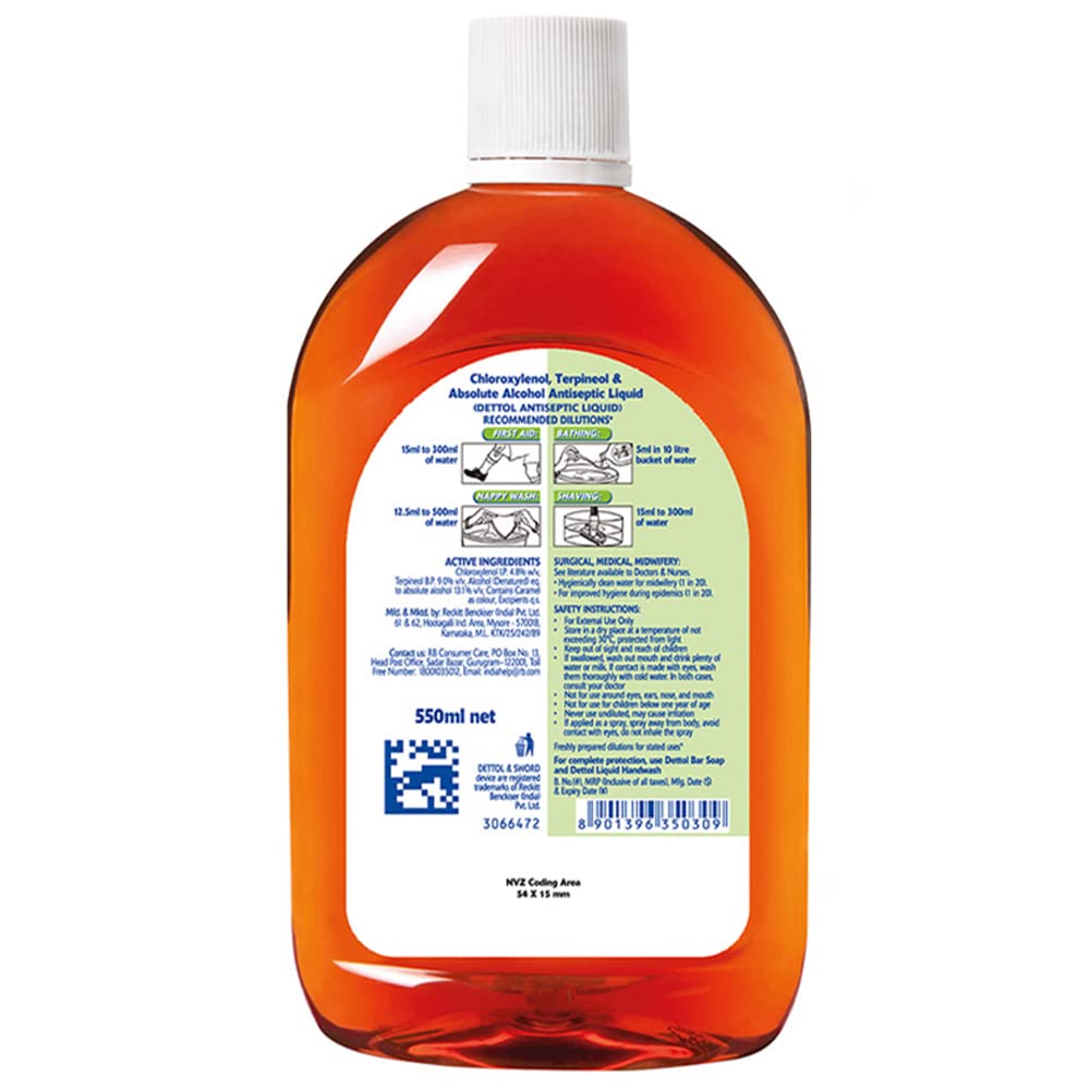 Dettol Antiseptic Disinfectant Liquid - 550ml Bottle for Home, Kitchen & Bathroom Cleaning | Kills 99.9% Germs & Bacteria | Safe for Skin & Surfaces