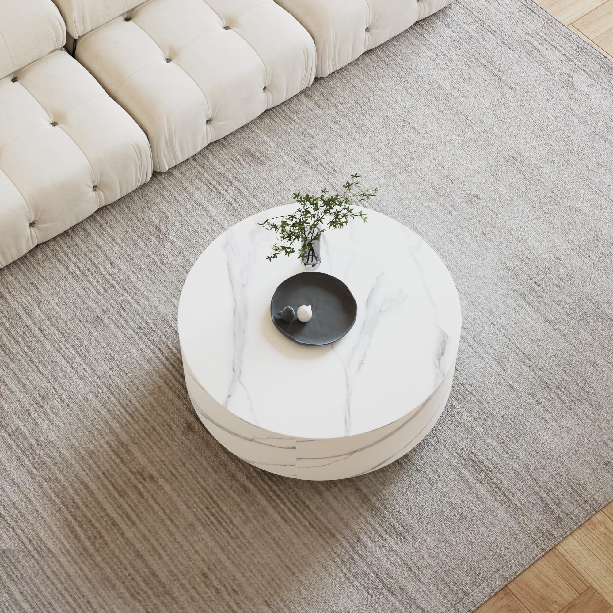 Modern Round Coffee Table with 2 Drawers - Sintered Stone Tabletop & Gold Metal Base - 33.4
