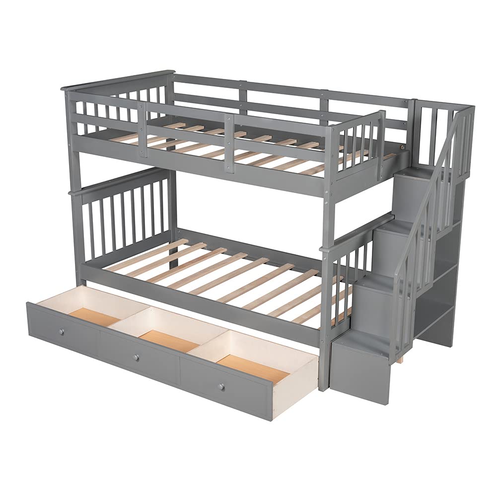Twin Over Twin Bunk Bed with 3 Drawers & Stairway - Solid Wood Loft Bed for Kids, Teens, Dorm Rooms - Gray Space-Saving Bunk Bed with Ample Storage - Perfect for Small Bedrooms, Shared Kids Rooms & College Dormitories