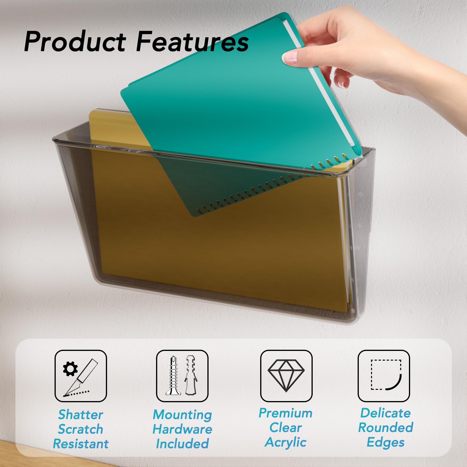 MaxGear Acrylic Wall File Organizer - 6 Pocket Hanging File Holder, Clear Wall Mounted Mail Organizer for School, Office & Home - Smoke Color (13x4x7 inches) - Perfect for Bills, Letters, Magazines & Office Documents Organization