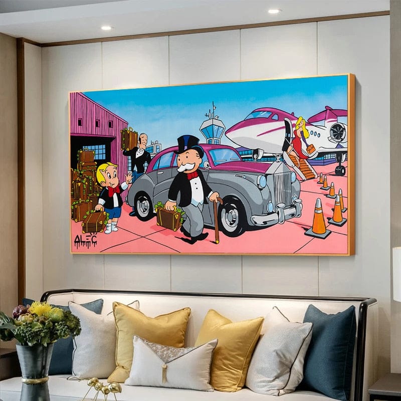 Alec Monopoly Canvas Wall Art: Richie at Airport - Pop Art Painting for Home & Office Decor | Modern Wall Decor for Living Room, Bedroom, or Office