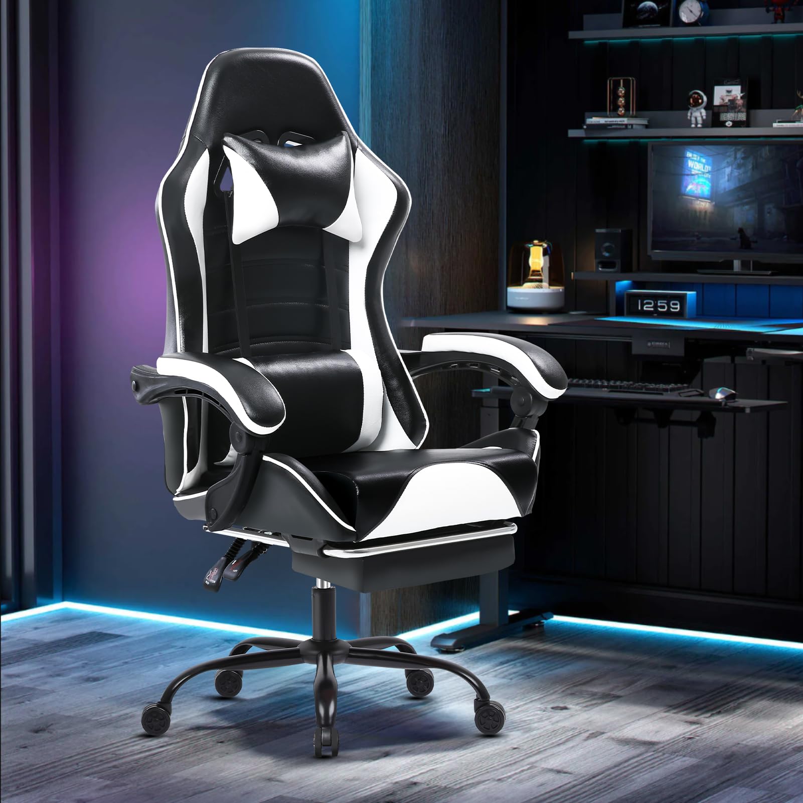 Premium Ergonomic Gaming Chair for Adults - High Back Computer Chair with Adjustable Lumbar Support & Footrest - 350LBS Weight Capacity - White - Perfect for PC Gaming, Esports, and Home Office Workstations