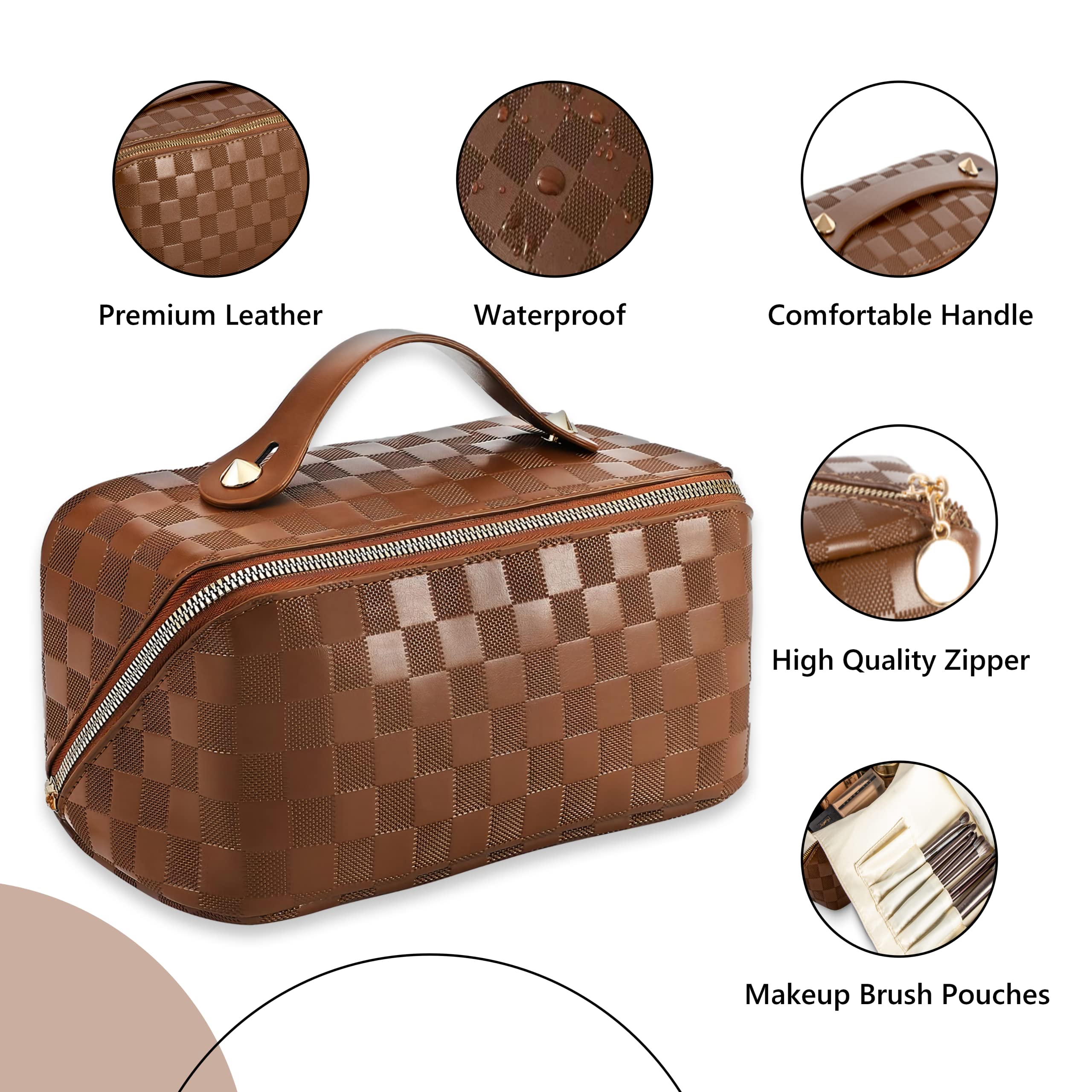 Large Capacity Travel Makeup Brush Bag for Women | 2023 New Waterproof PU Leather Cosmetic Organizer | Portable Toiletry Bag for Travel, Gifts & Daily Use | Perfect for Airplane, Gym & Home Storage (Brown)