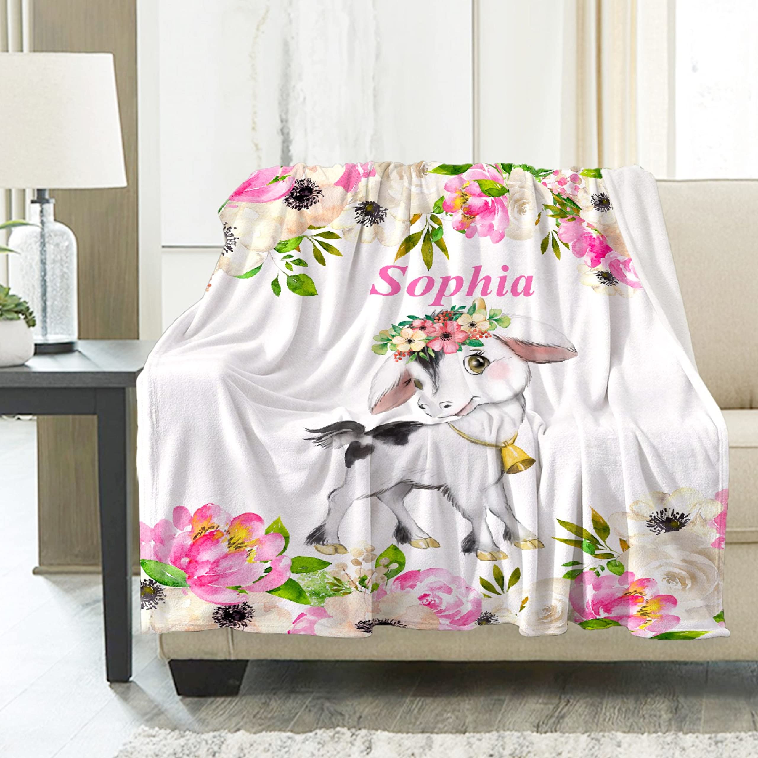 Personalized Baby Blanket with Name - Ultra Soft Flannel Fleece Blanket for Boys & Girls - Custom Goat & Flower Design - Lightweight Warm Blanket for Couch, Bed, Sofa - 90