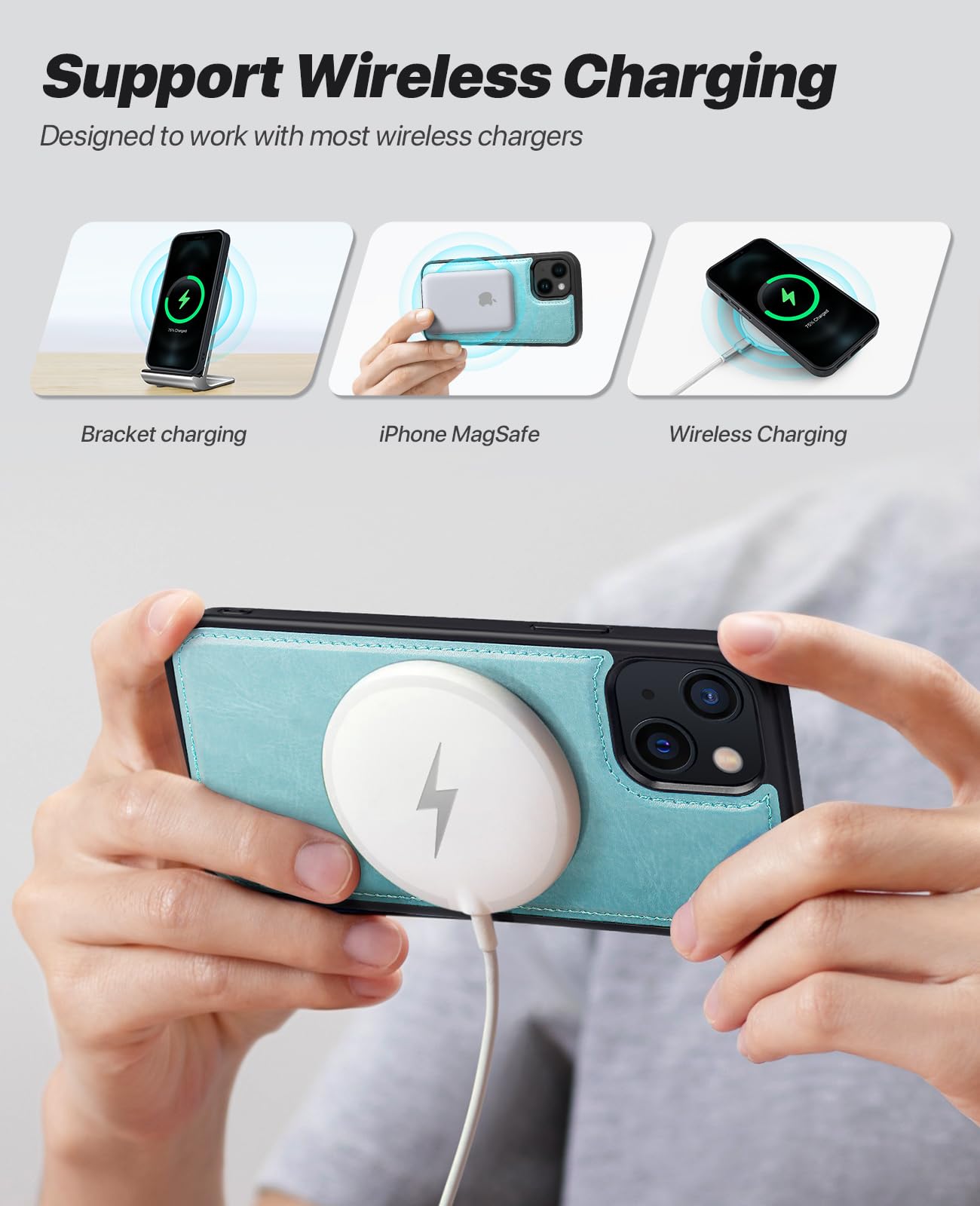 iPhone 15 Plus Wallet Case with Card Holder & RFID Blocking - Mint Green for Daily Use & Travel