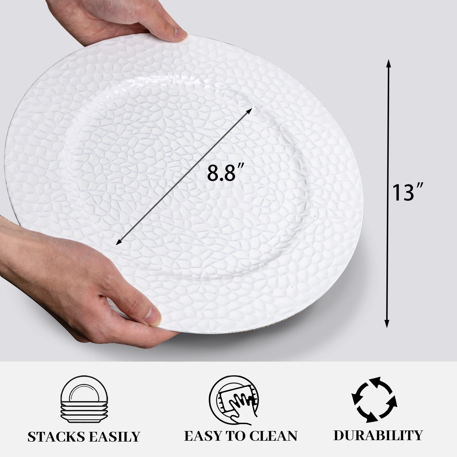 MAONAME 13-Inch White Charger Plates Set of 6 - Durable Bubble Plastic Dinner Plate Chargers - Elegant Round Decorative Chargers for Weddings, Parties & Formal Dining - Perfect for Table Settings, Holiday Entertaining & Special Events