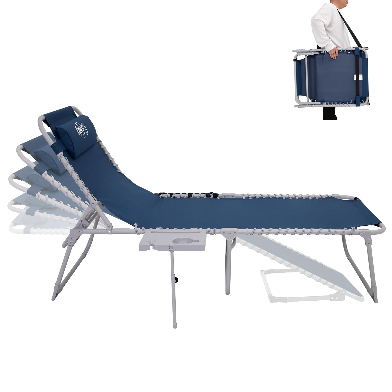 WEJOY 5-Position Adjustable Folding Chaise Lounge Chair with Side Table & Pillow - Heavy Duty Outdoor Recliner for Patio, Beach, Poolside - Includes Side Pocket & Shoulder Strap for Sunbathing, Relaxing, Camping, Backyard Lounging