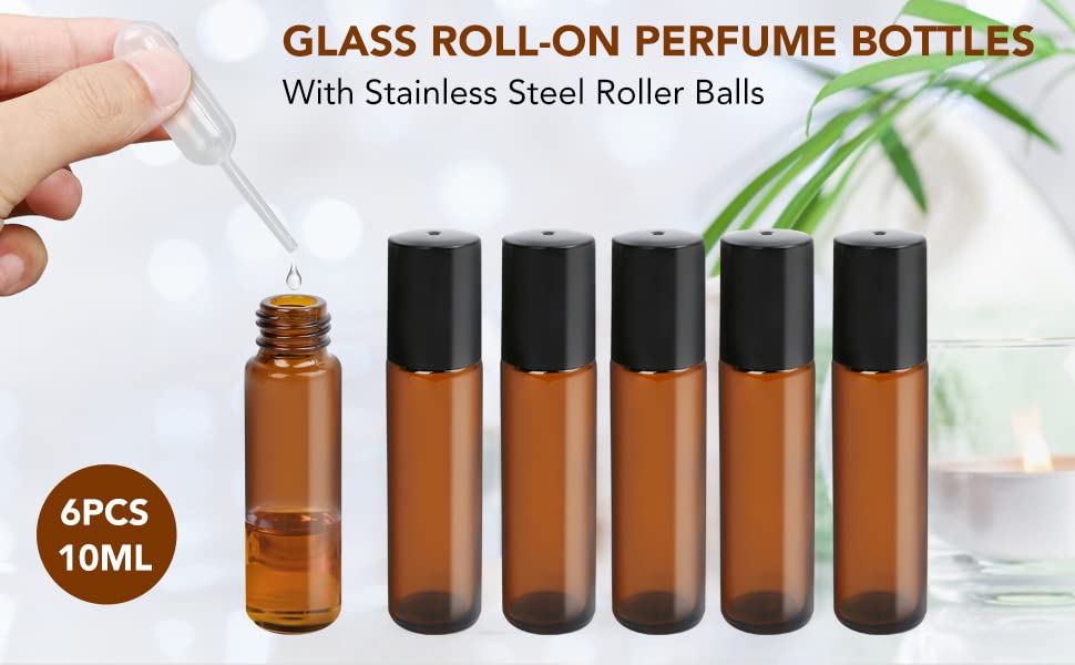 Hunky Dory 3-Piece 10ml Amber Glass Essential Oil Roller Bottles with Stainless Steel Roller Balls - Leakproof Roll-On Perfume & Under Eye Serum Bottles for Aromatherapy, Skincare & Beauty Use