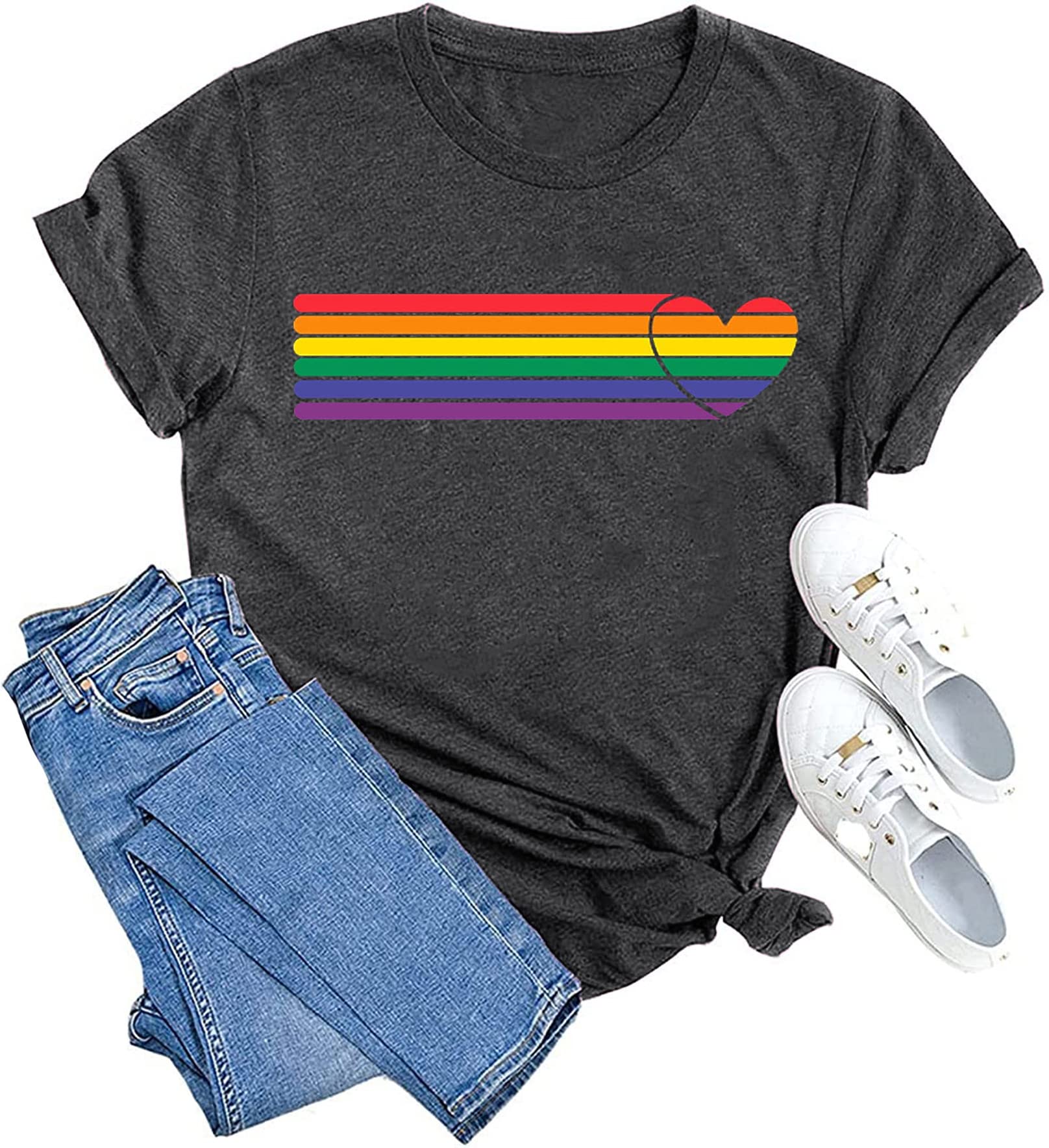 Pride T-Shirts for Women - Rainbow Heart Graphic Tees, LGBT Casual Short Sleeve Tops for Everyday Wear & Pride Events