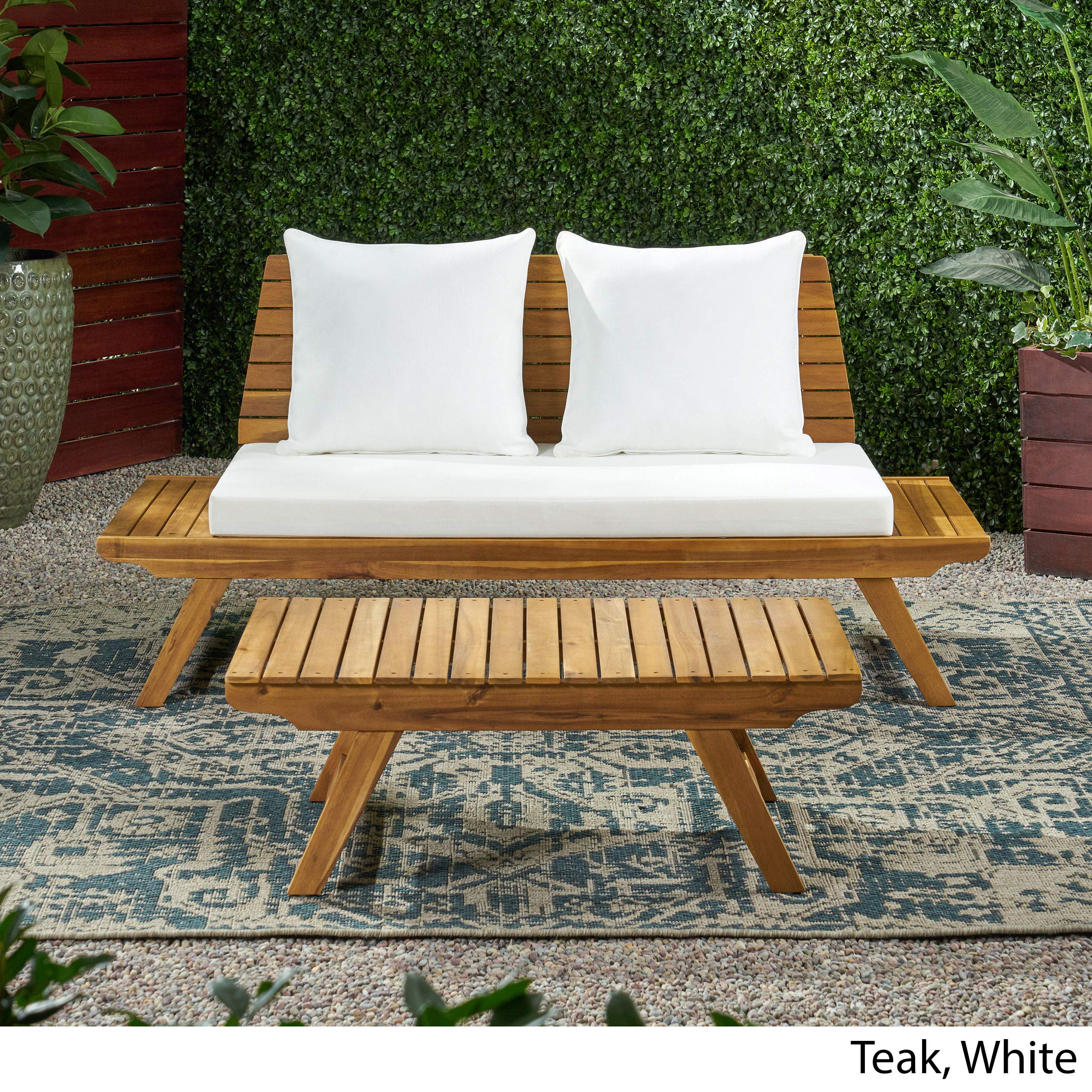 GDFStudio Outdoor 2-Seater Acacia Wood Loveseat with Coffee Table Set - Teak & White Patio Furniture for Garden, Deck, or Poolside Relaxation