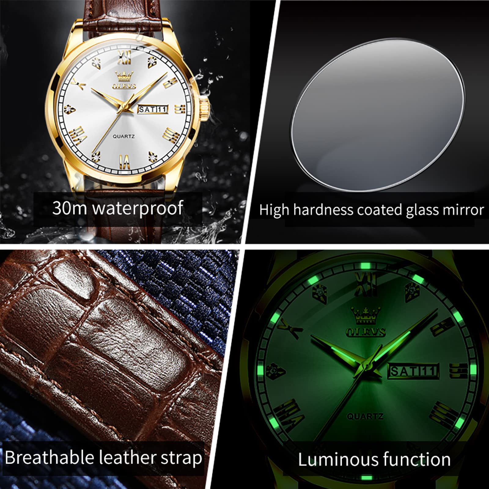 OLEVS Men's Brown Leather Watch - Rose Gold Quartz, Waterproof for Daily Wear & Dress Occasions