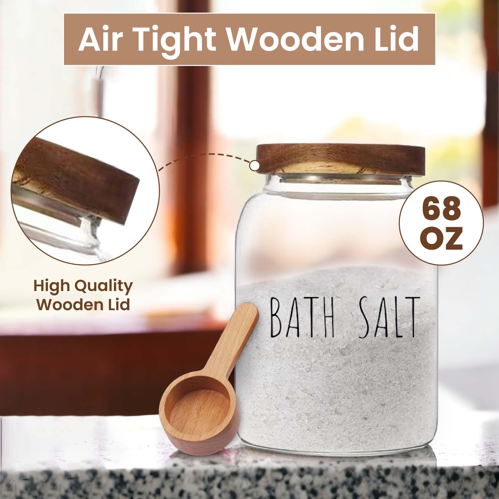 Bath Salts Glass Jar with Wooden Lid & Scoop - Airtight Bath Salt Container for Women - Perfect for Bathroom Decor & Bathtub Accessories - Ideal for Relaxing Spa Nights & Gift Giving